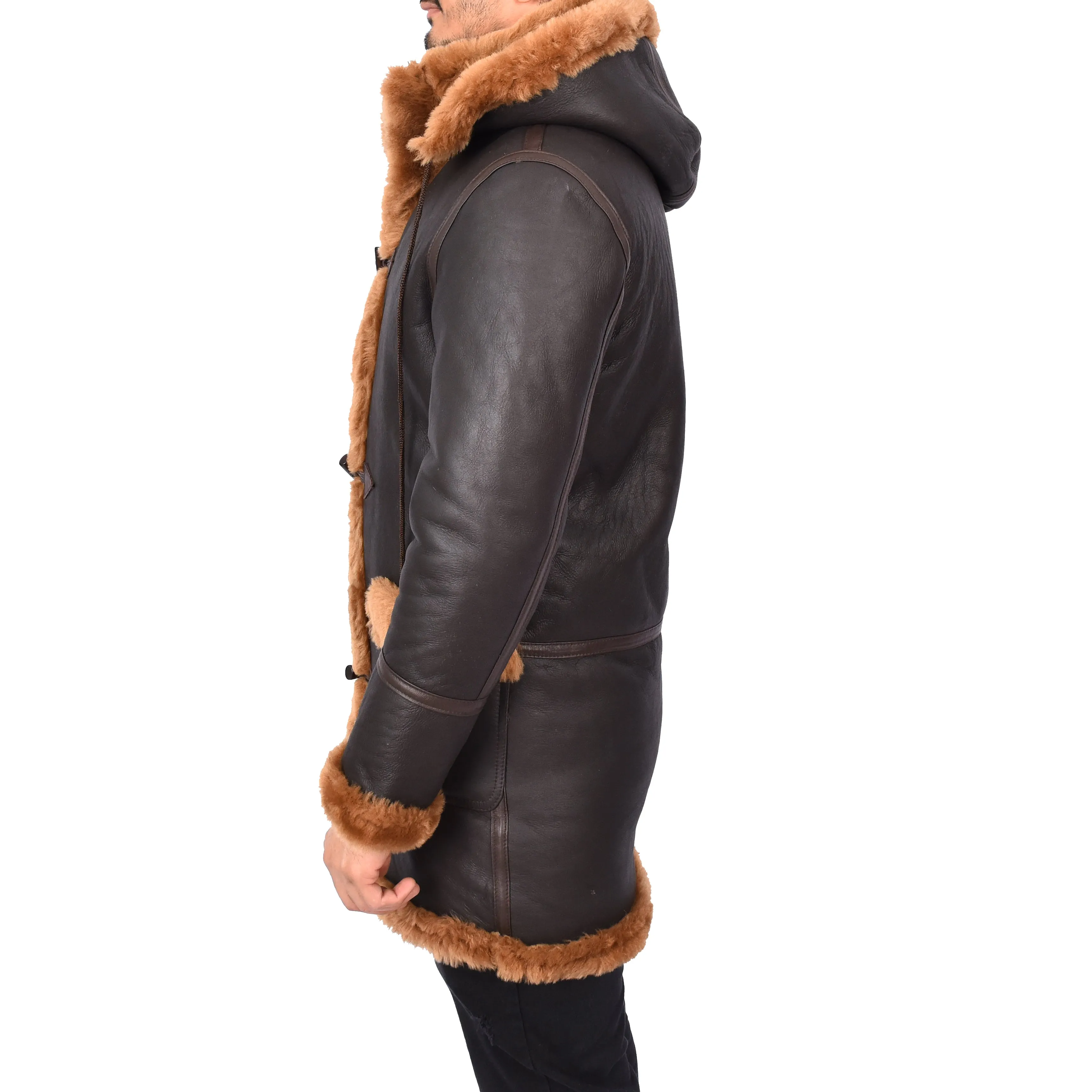 Mens Winter Sheepskin Hooded Duffel Coat ¾ Length Shearling Ronald Brown