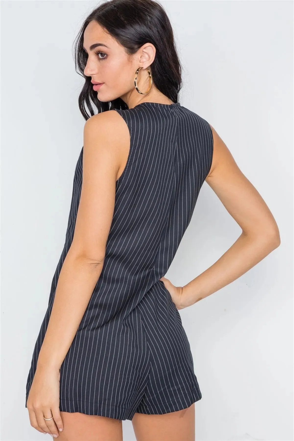 Navy Stripe Button Down Sleeveless Elegant Romper