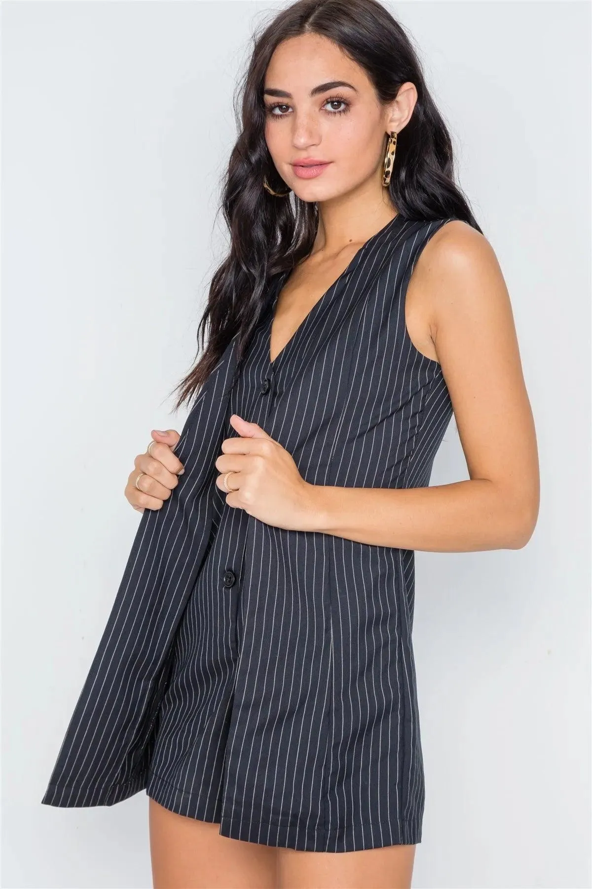 Navy Stripe Button Down Sleeveless Elegant Romper