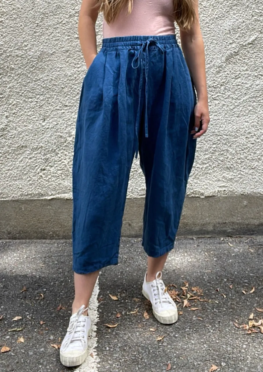 Navy Wide-Leg Linen Drawstring Culottes - M-XL