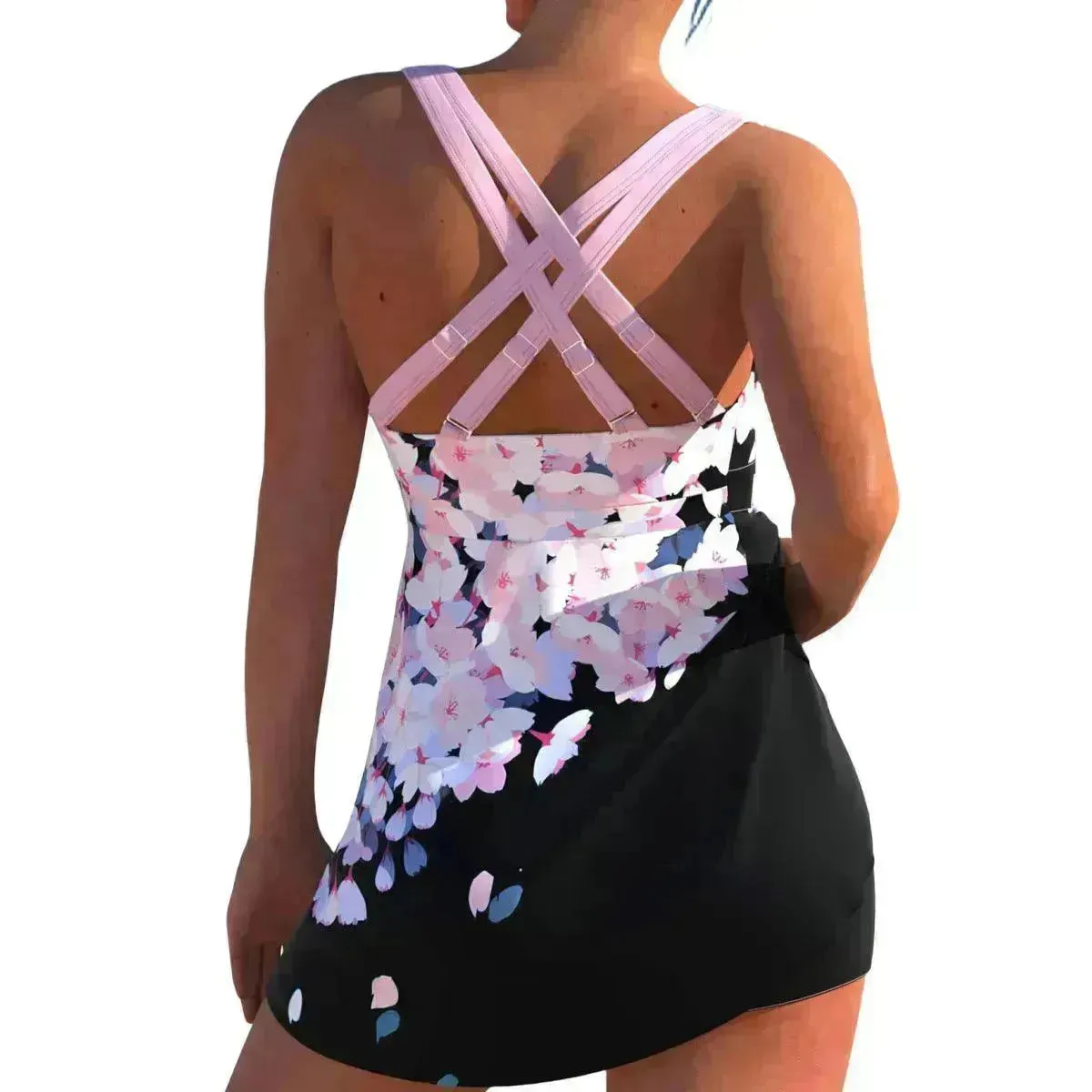 New European And American Plus Size Cherry Blossom Cross Strap Multi-color Skirt Split Women's Swimsuit