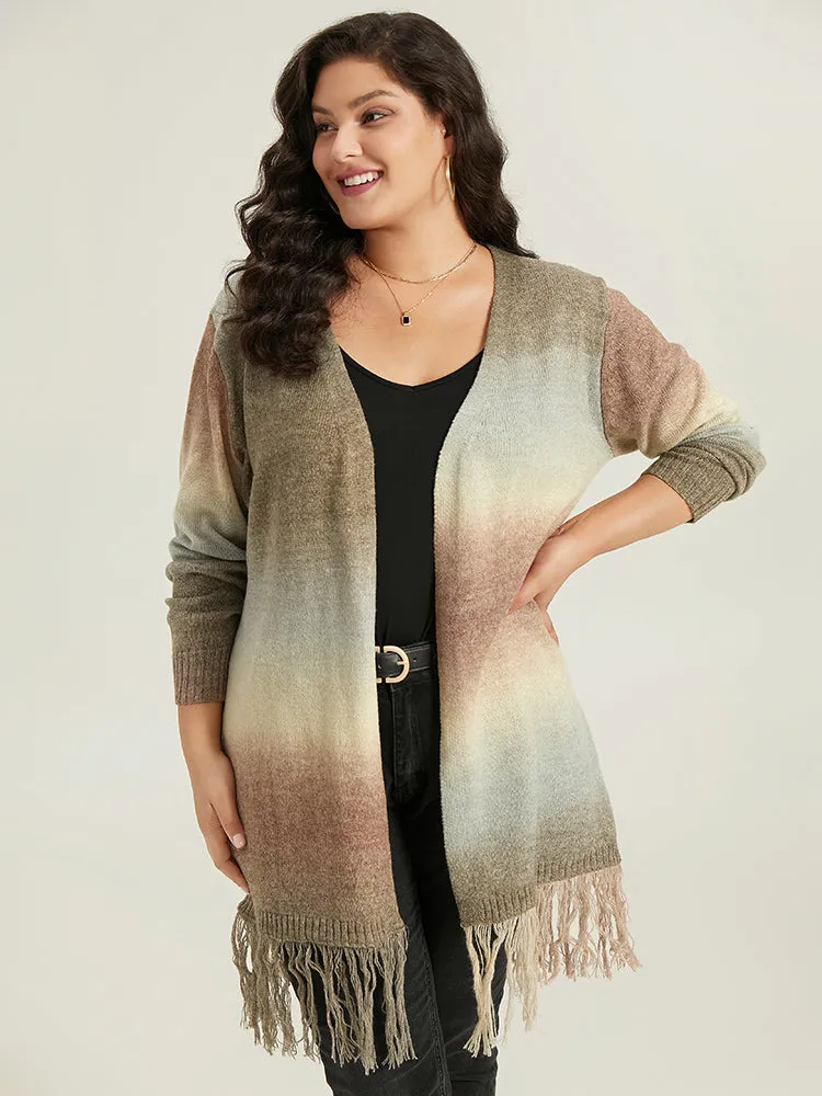 Ombre Fringe Trim Open Front Cardigan