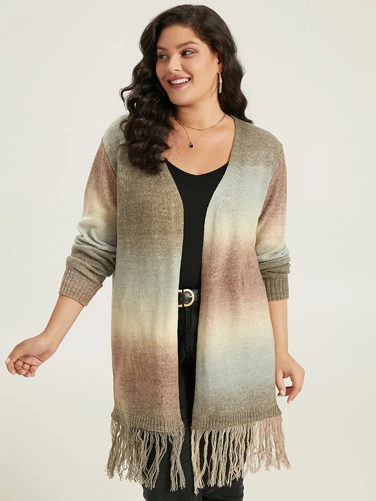 Ombre Fringe Trim Open Front Cardigan