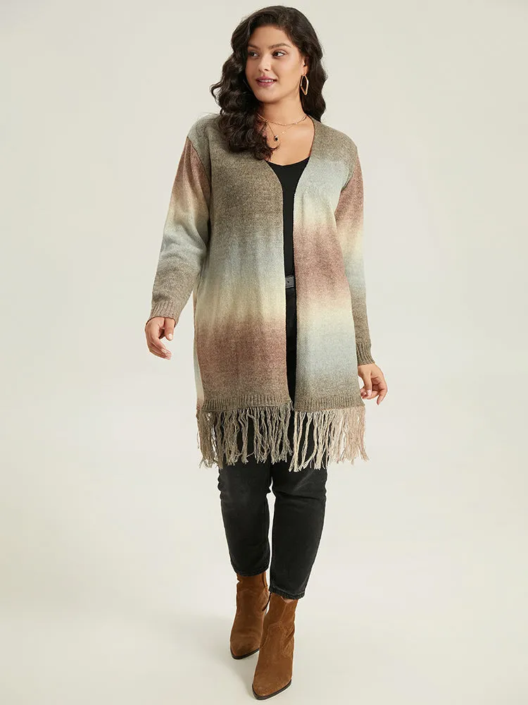 Ombre Fringe Trim Open Front Cardigan