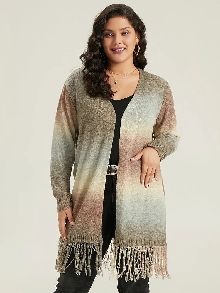 Ombre Fringe Trim Open Front Cardigan