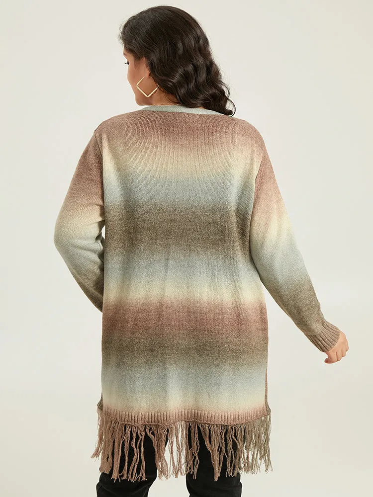 Ombre Fringe Trim Open Front Cardigan