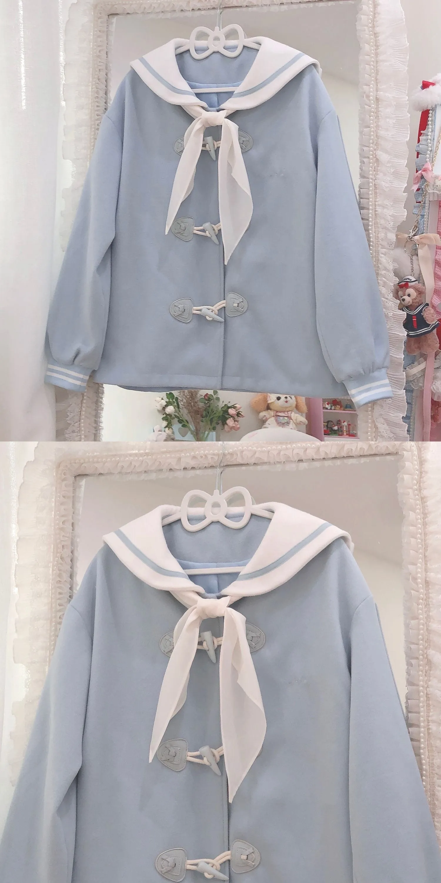 Pastel Pink Blue Melody Cinnamon Dog Sailor Collar Horn Buttons Winter Duffle Coat