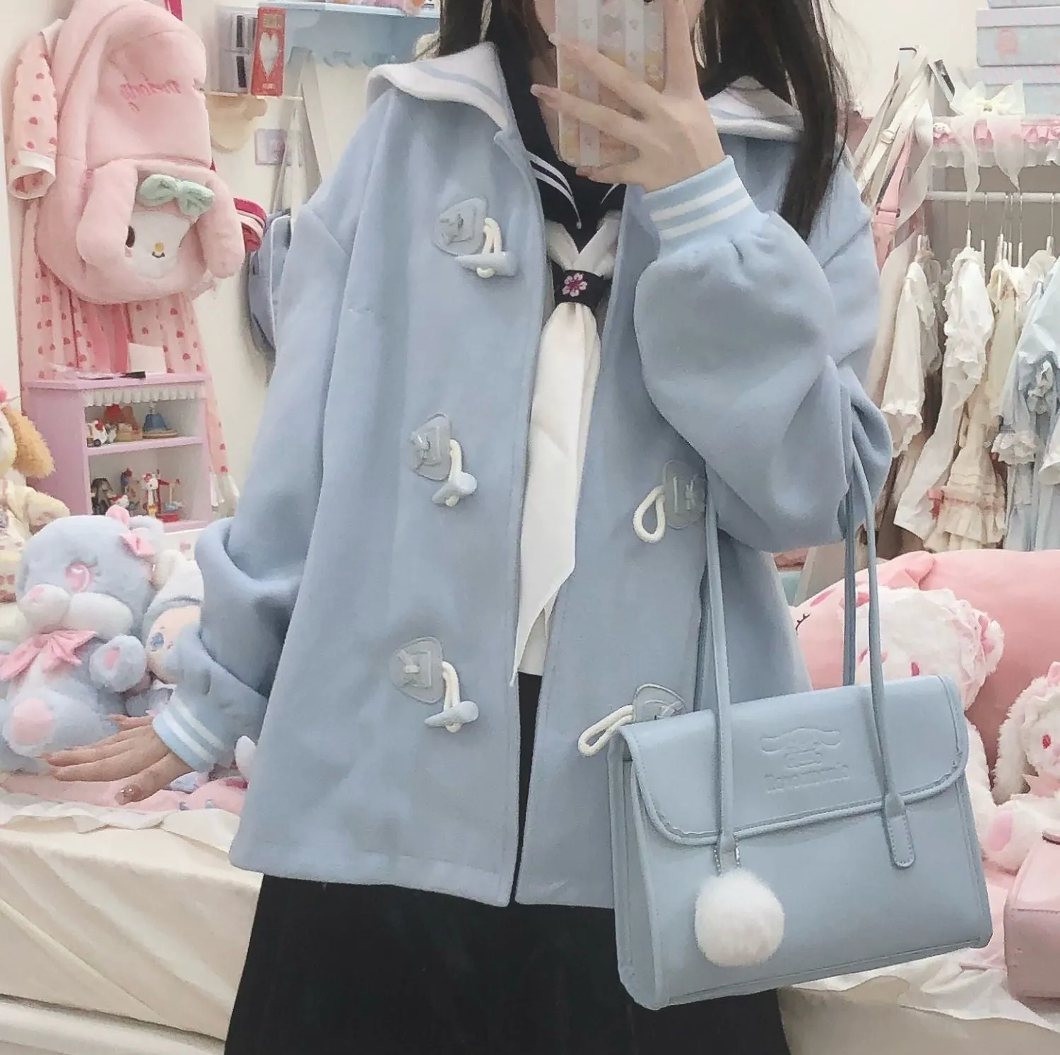 Pastel Pink Blue Melody Cinnamon Dog Sailor Collar Horn Buttons Winter Duffle Coat