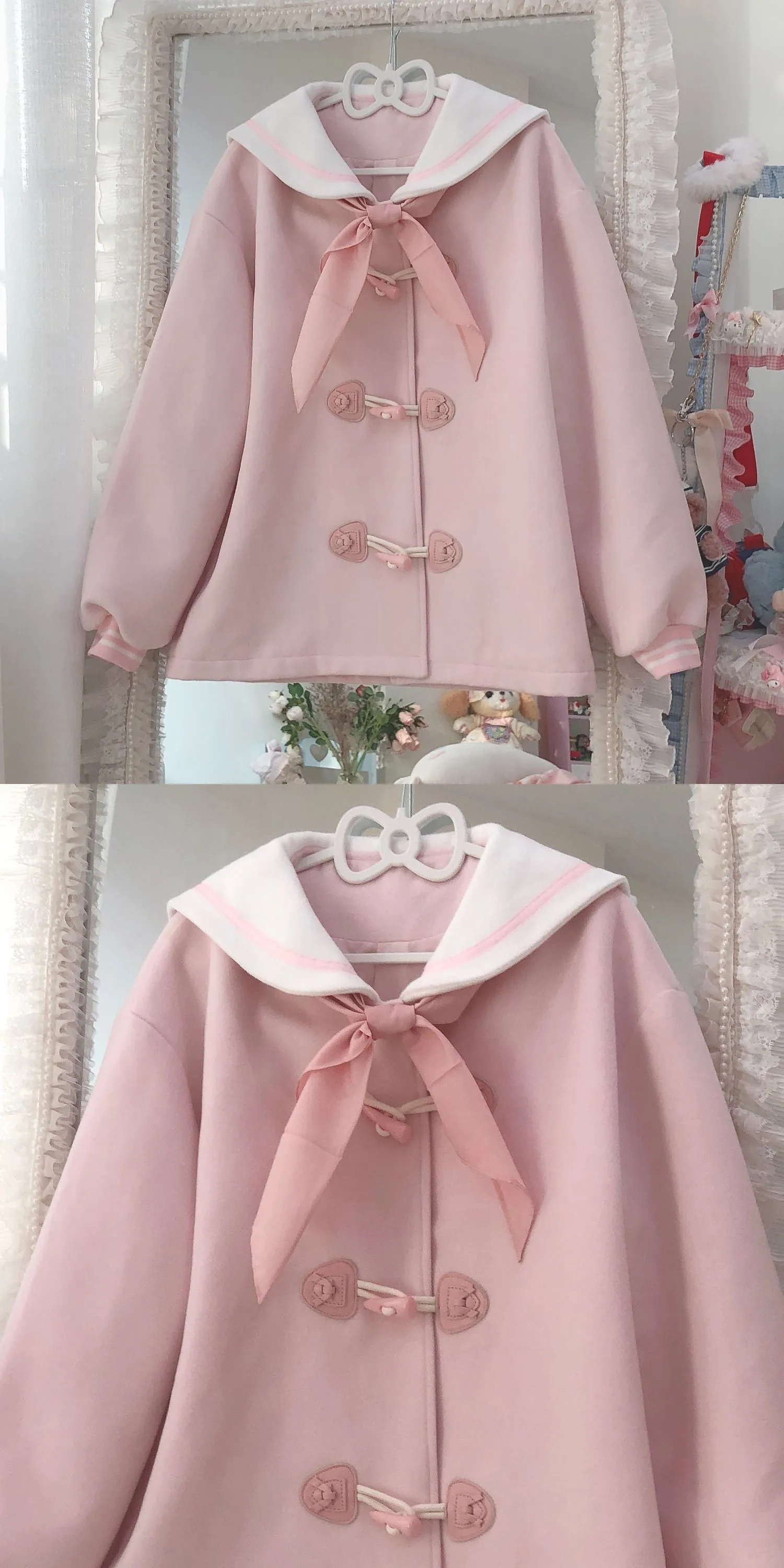 Pastel Pink Blue Melody Cinnamon Dog Sailor Collar Horn Buttons Winter Duffle Coat