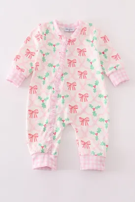 Pink christmas holly bow print girl romper