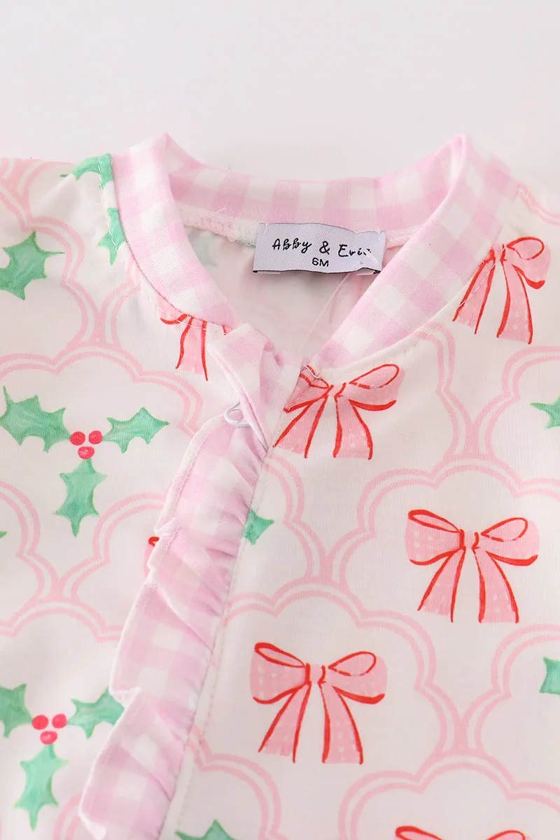 Pink christmas holly bow print girl romper