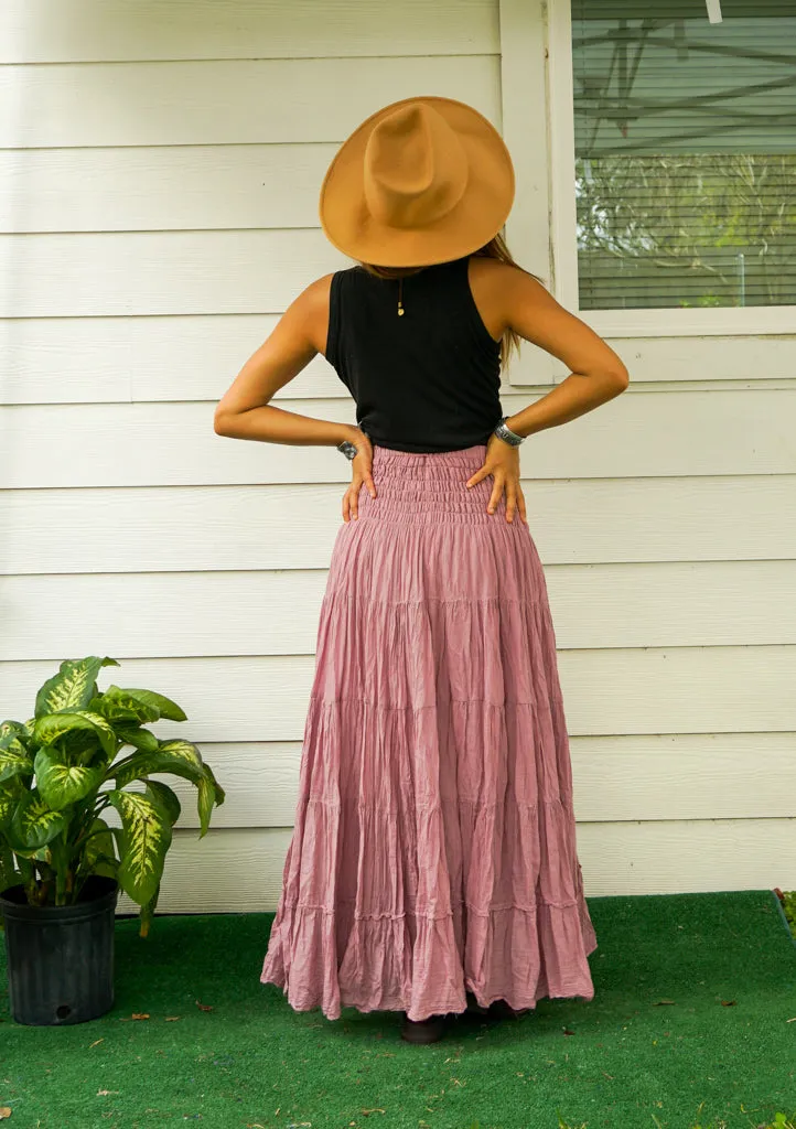 Pink Raw Crinkled Organic Cotton Gauze Tiered Maxi Skirt