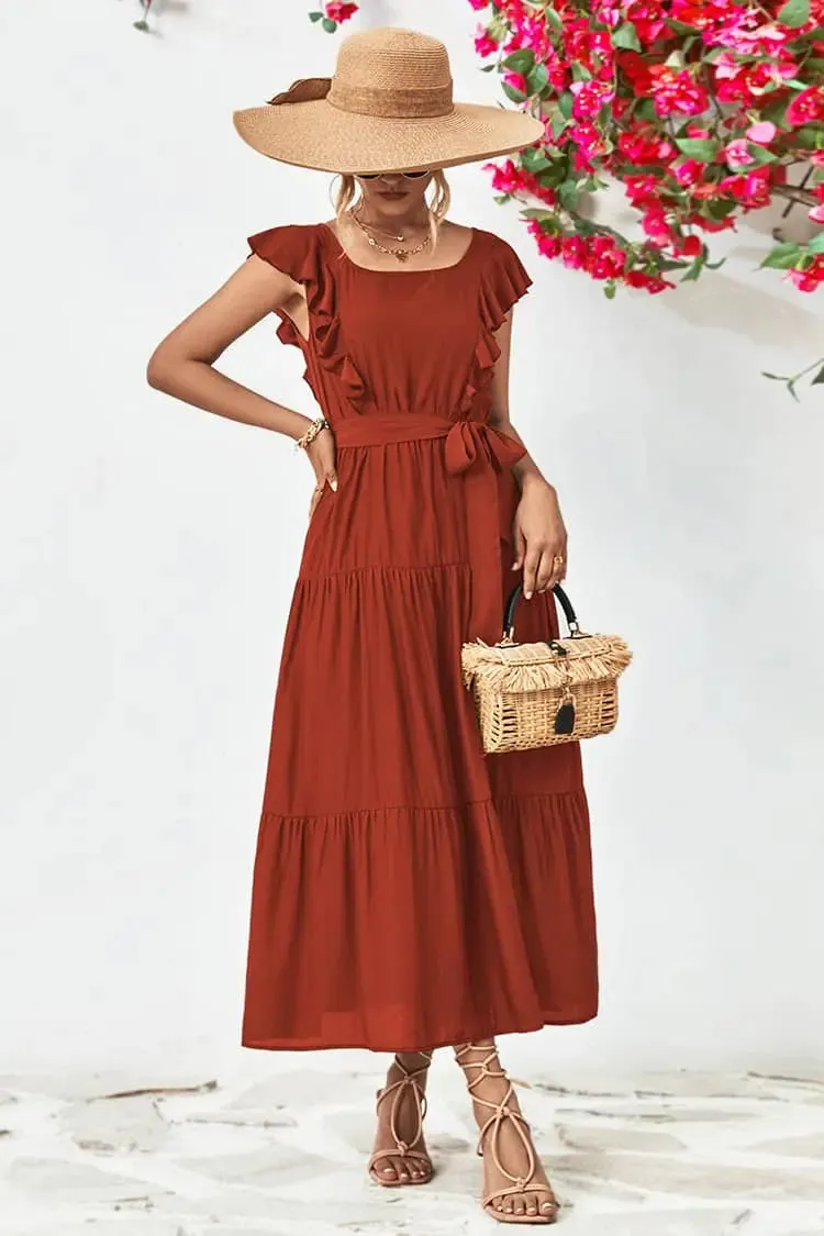 Red Ruffle Sleeve Maxi Dress