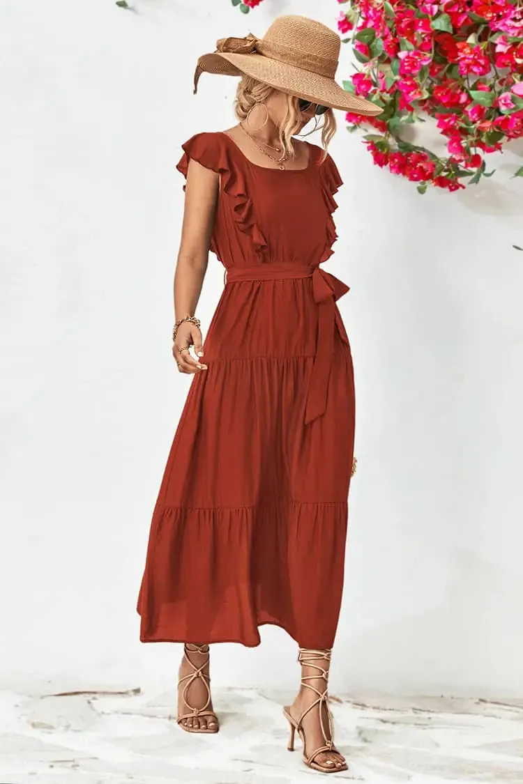 Red Ruffle Sleeve Maxi Dress