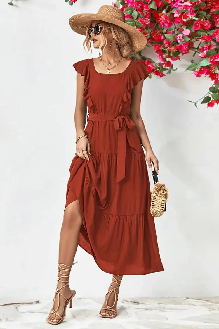 Red Ruffle Sleeve Maxi Dress