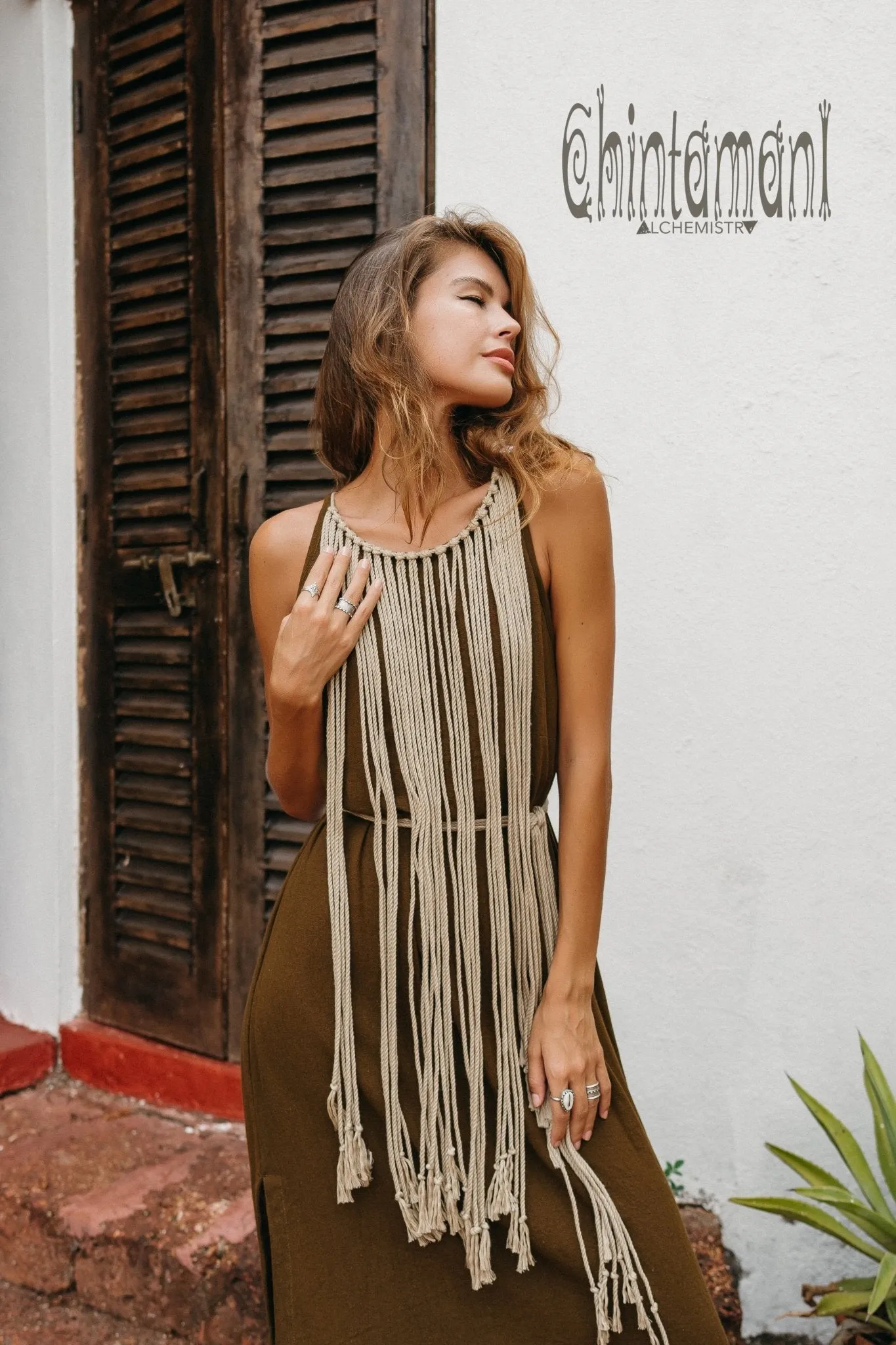 Rope Collar Boho Maxi Dress / Brown