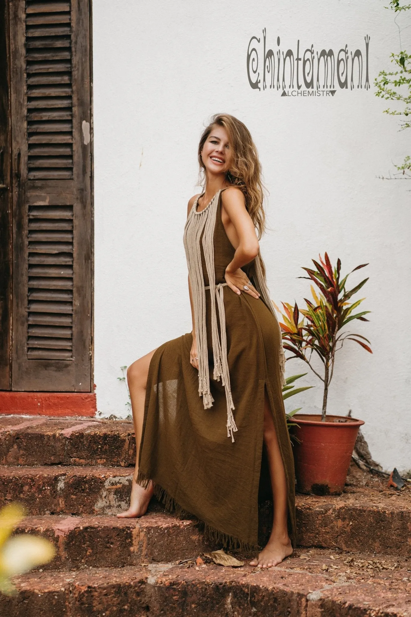 Rope Collar Boho Maxi Dress / Brown