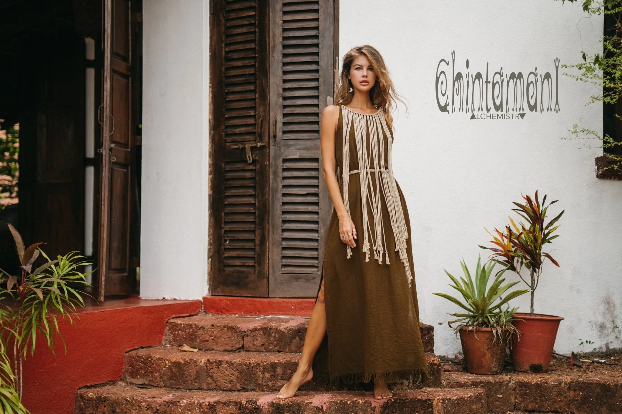 Rope Collar Boho Maxi Dress / Brown