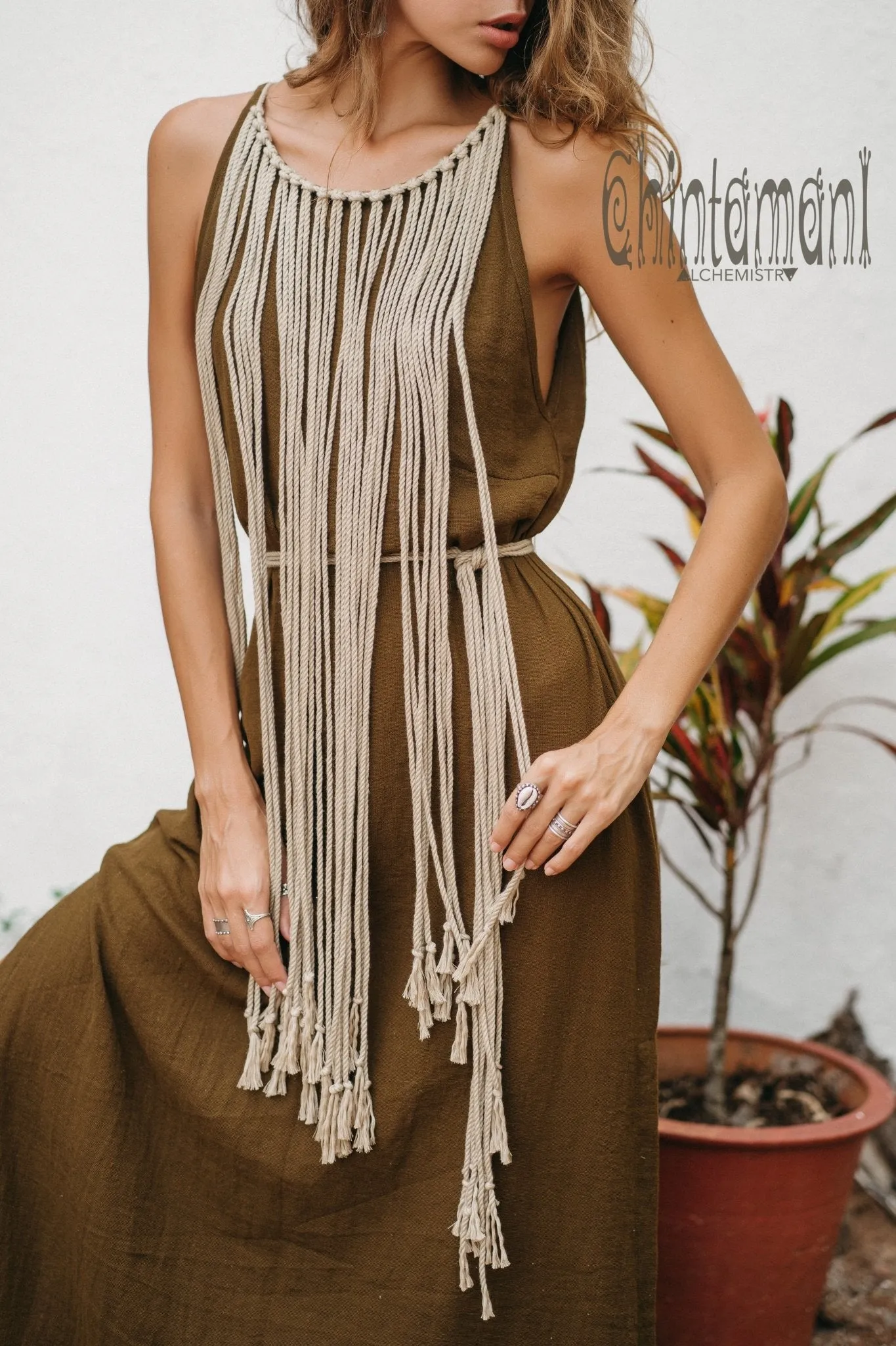 Rope Collar Boho Maxi Dress / Brown