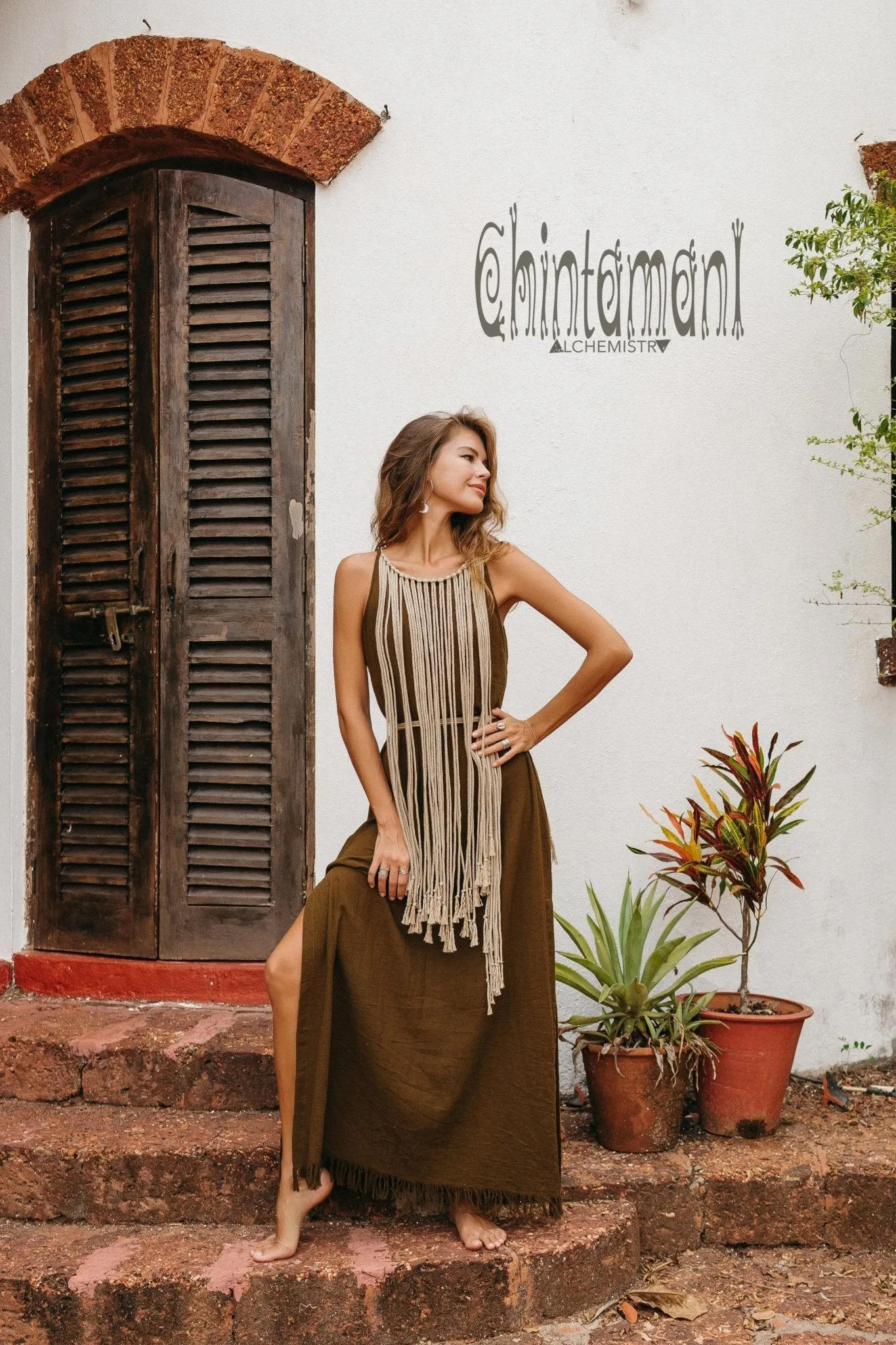 Rope Collar Boho Maxi Dress / Brown