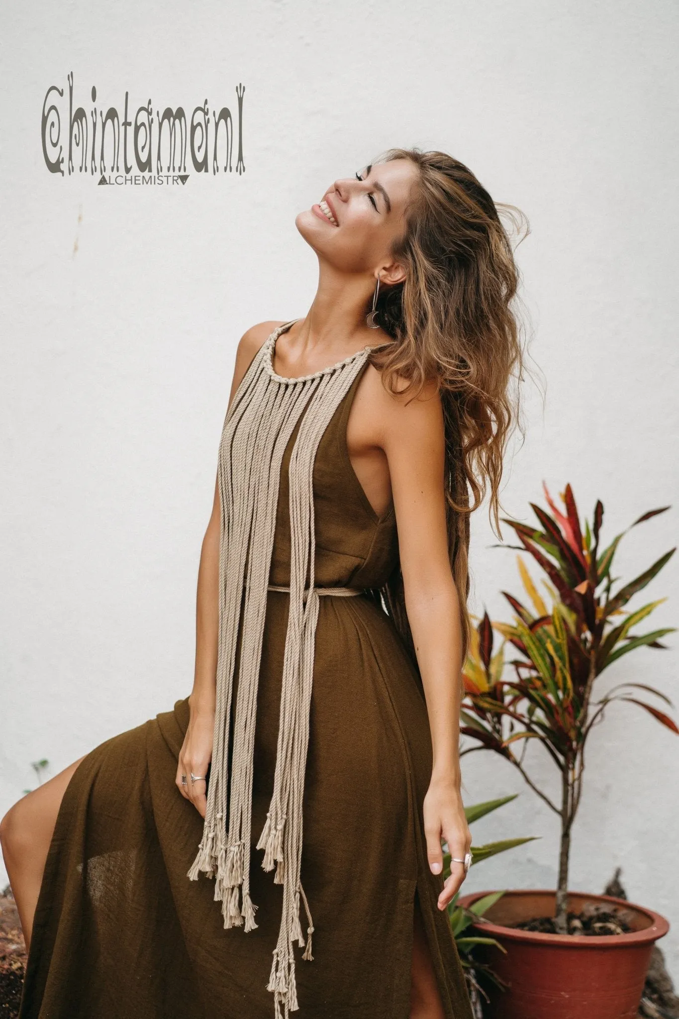 Rope Collar Boho Maxi Dress / Brown