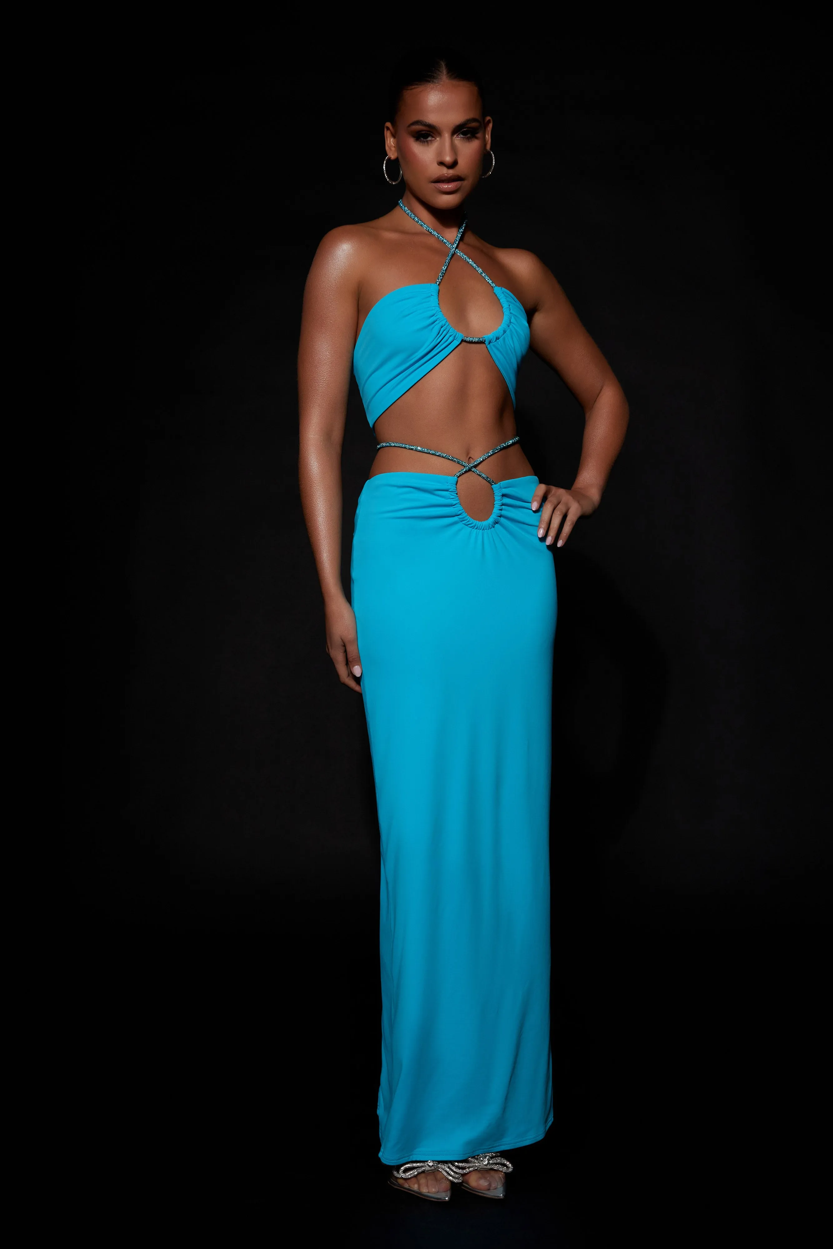 Ruby Diamante Rope Ruched Maxi Skirt - Cyan Blue