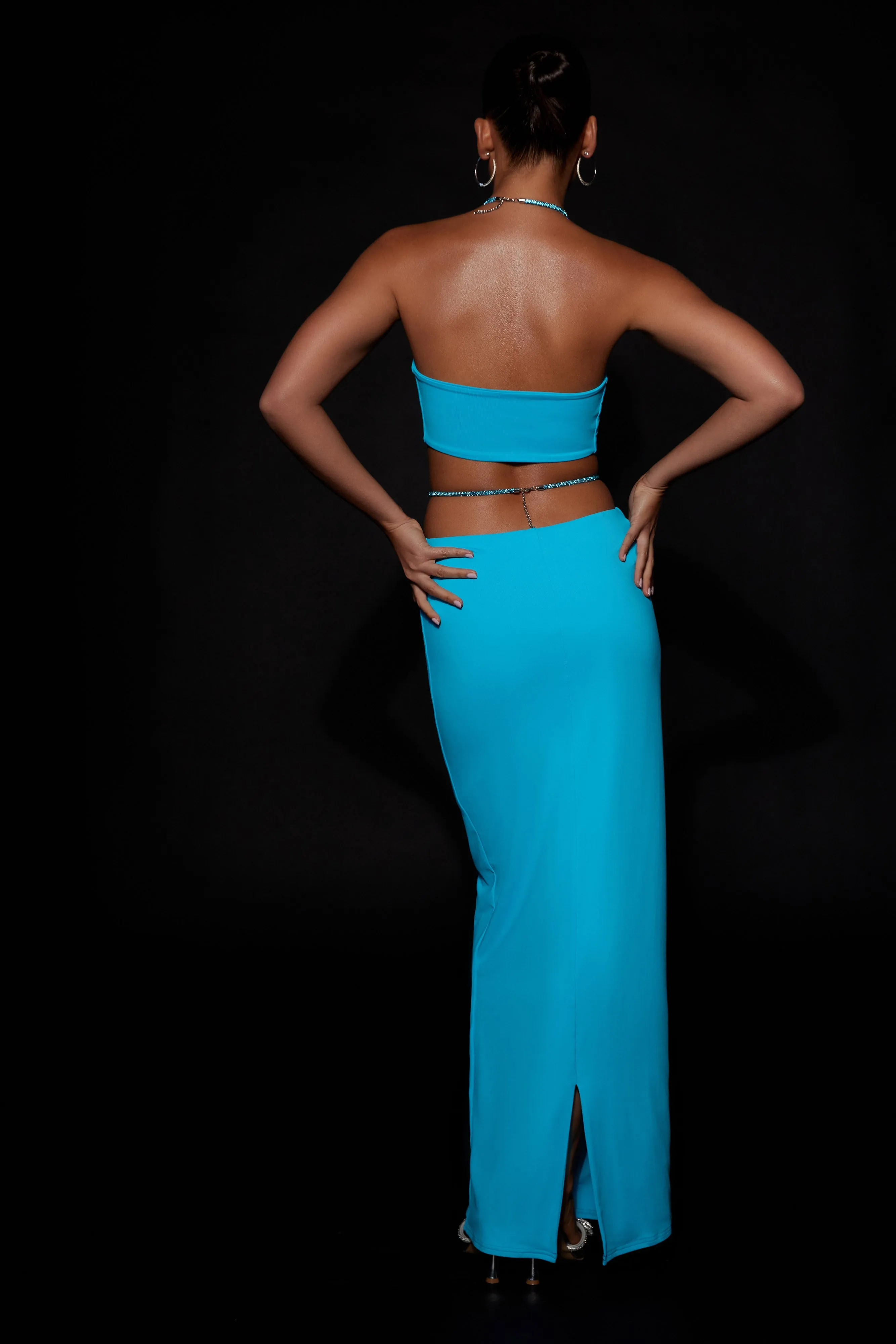 Ruby Diamante Rope Ruched Maxi Skirt - Cyan Blue