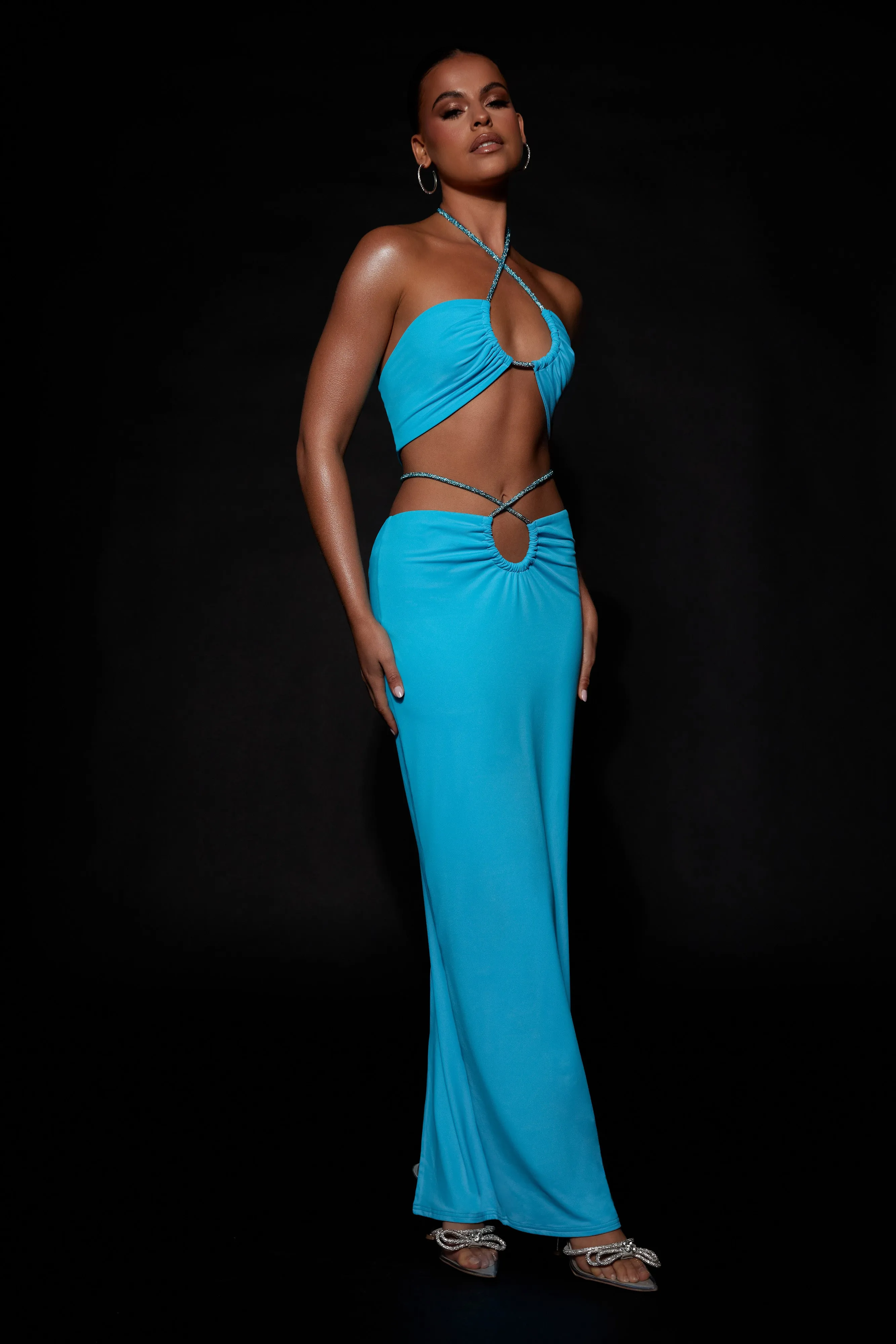 Ruby Diamante Rope Ruched Maxi Skirt - Cyan Blue