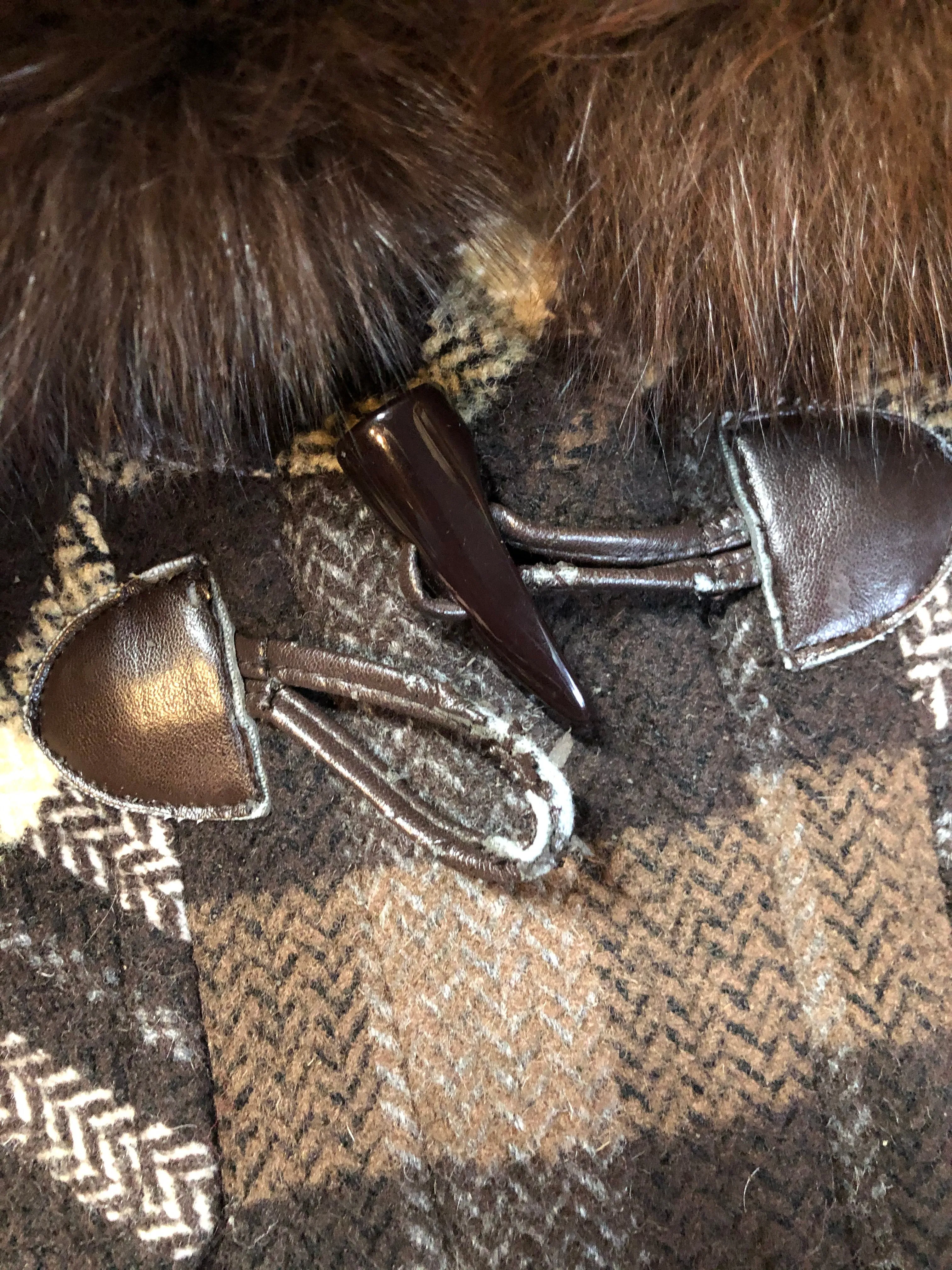 Sashi Brown Plaid Duffle Coat with Fox Fur Trim SOLD