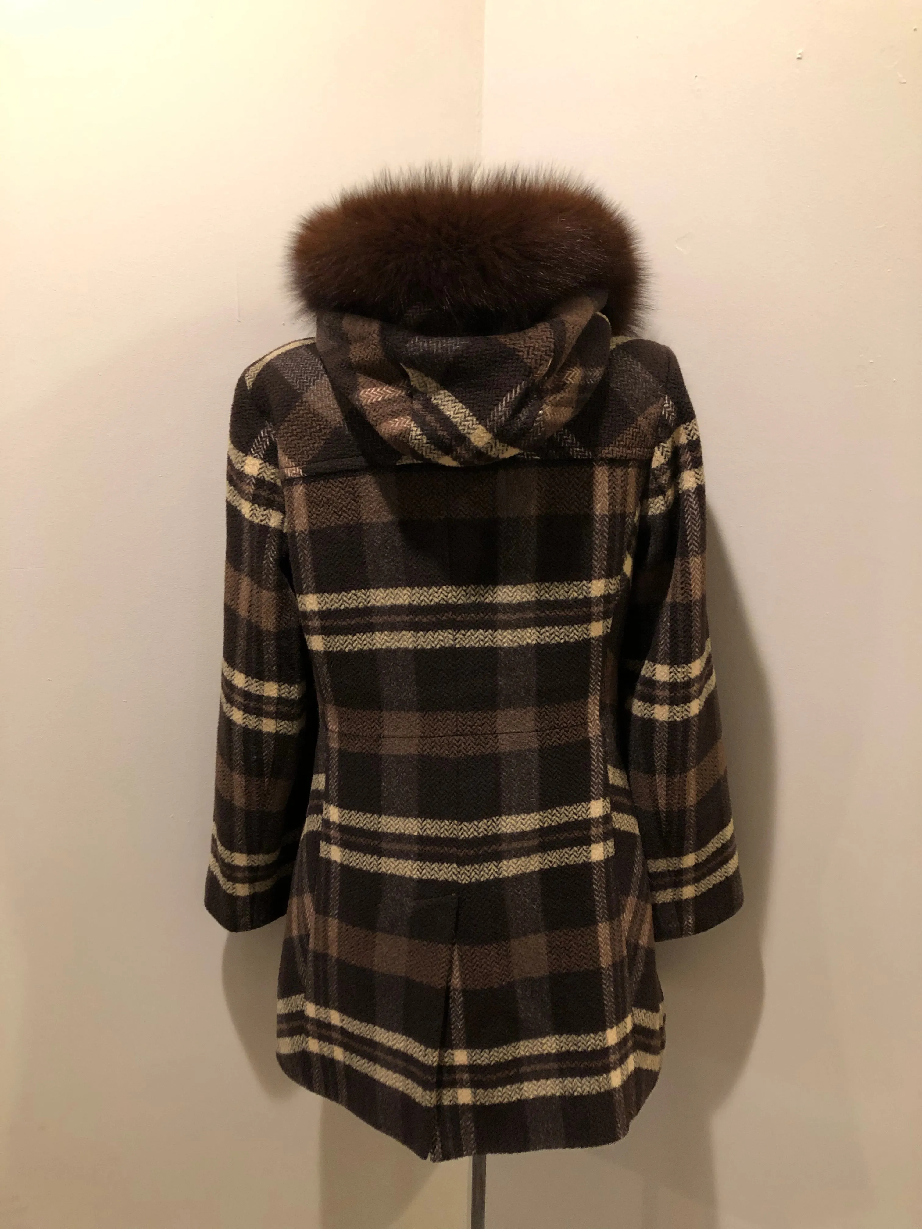 Sashi Brown Plaid Duffle Coat with Fox Fur Trim SOLD