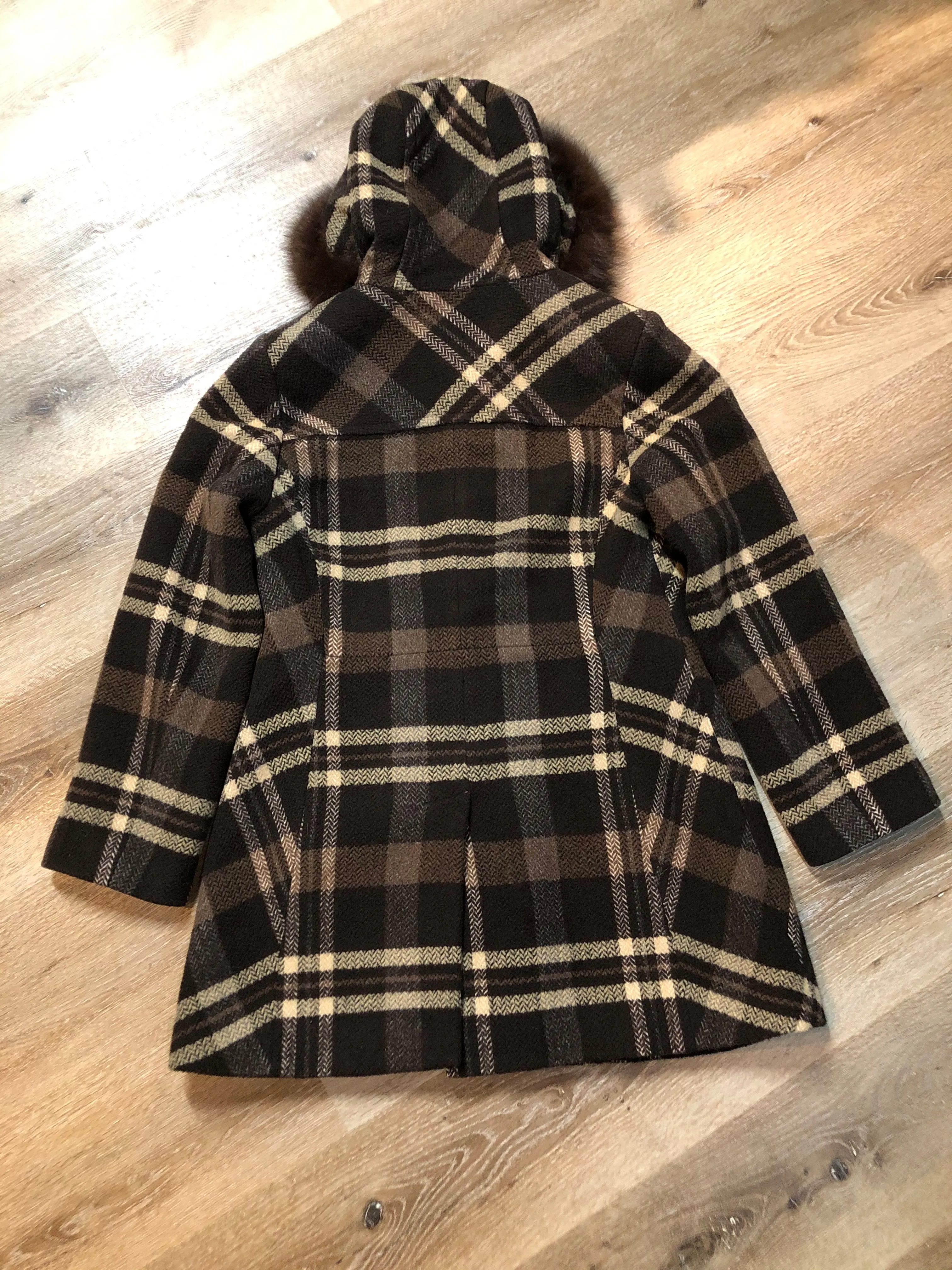 Sashi Brown Plaid Duffle Coat with Fox Fur Trim SOLD