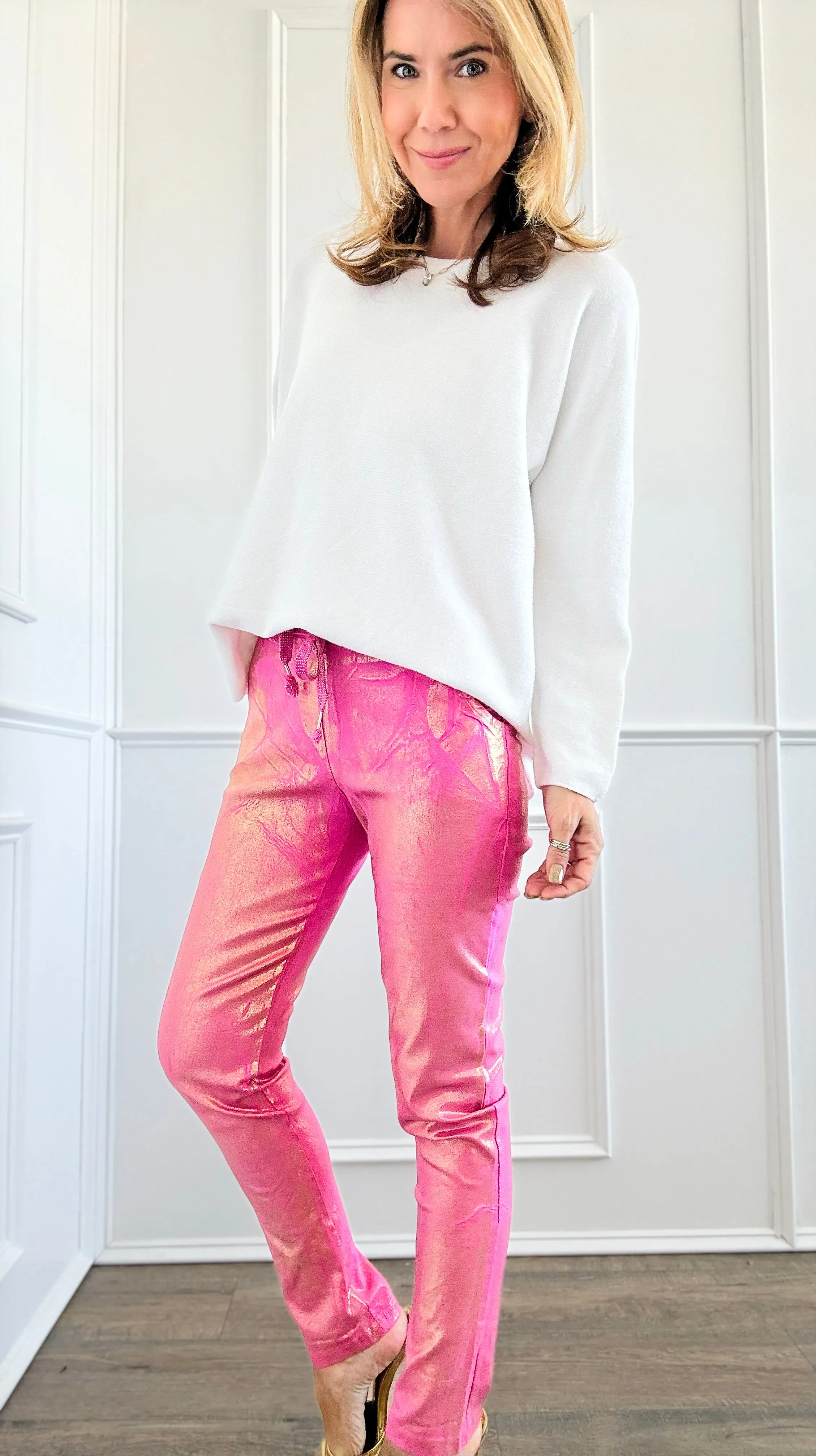 Shine-On Glistening Italian Joggers - Fuchsia/Gold