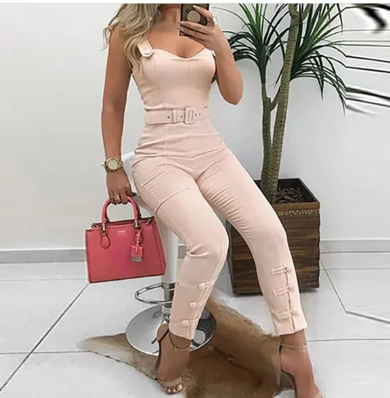 Sleek Sleeveless V-Neck Belted Jumpsuit