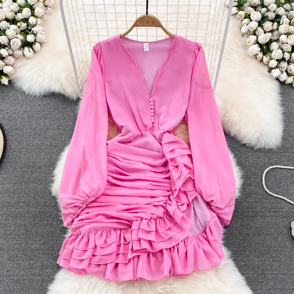 Spring V-neck Irregular Ruffled Dress Short Skirt 1563