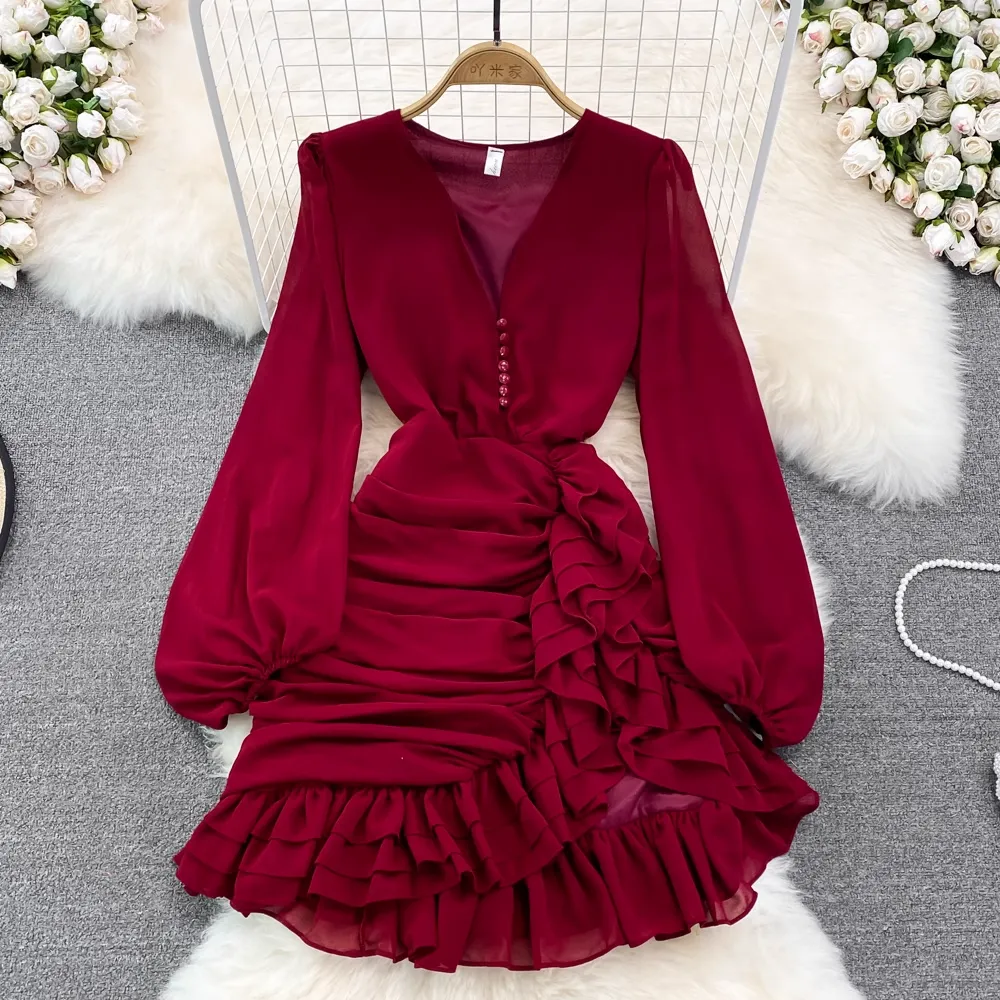 Spring V-neck Irregular Ruffled Dress Short Skirt 1563