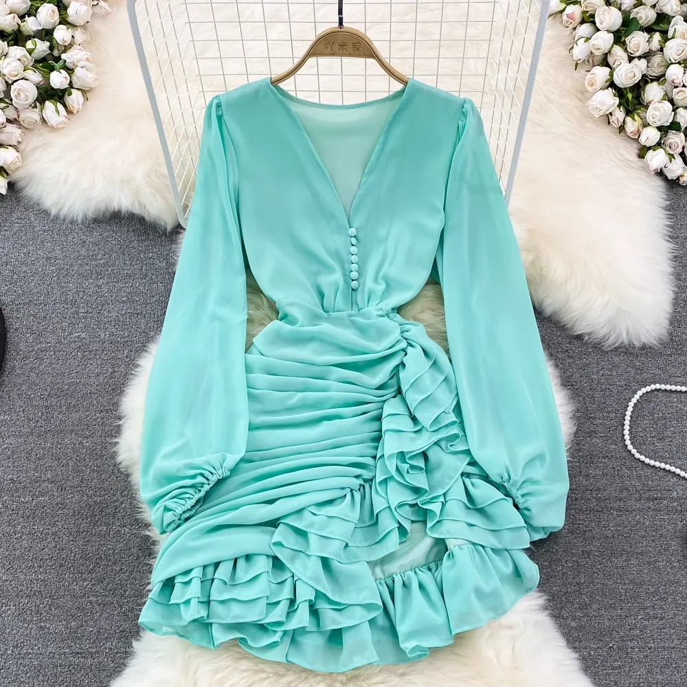 Spring V-neck Irregular Ruffled Dress Short Skirt 1563