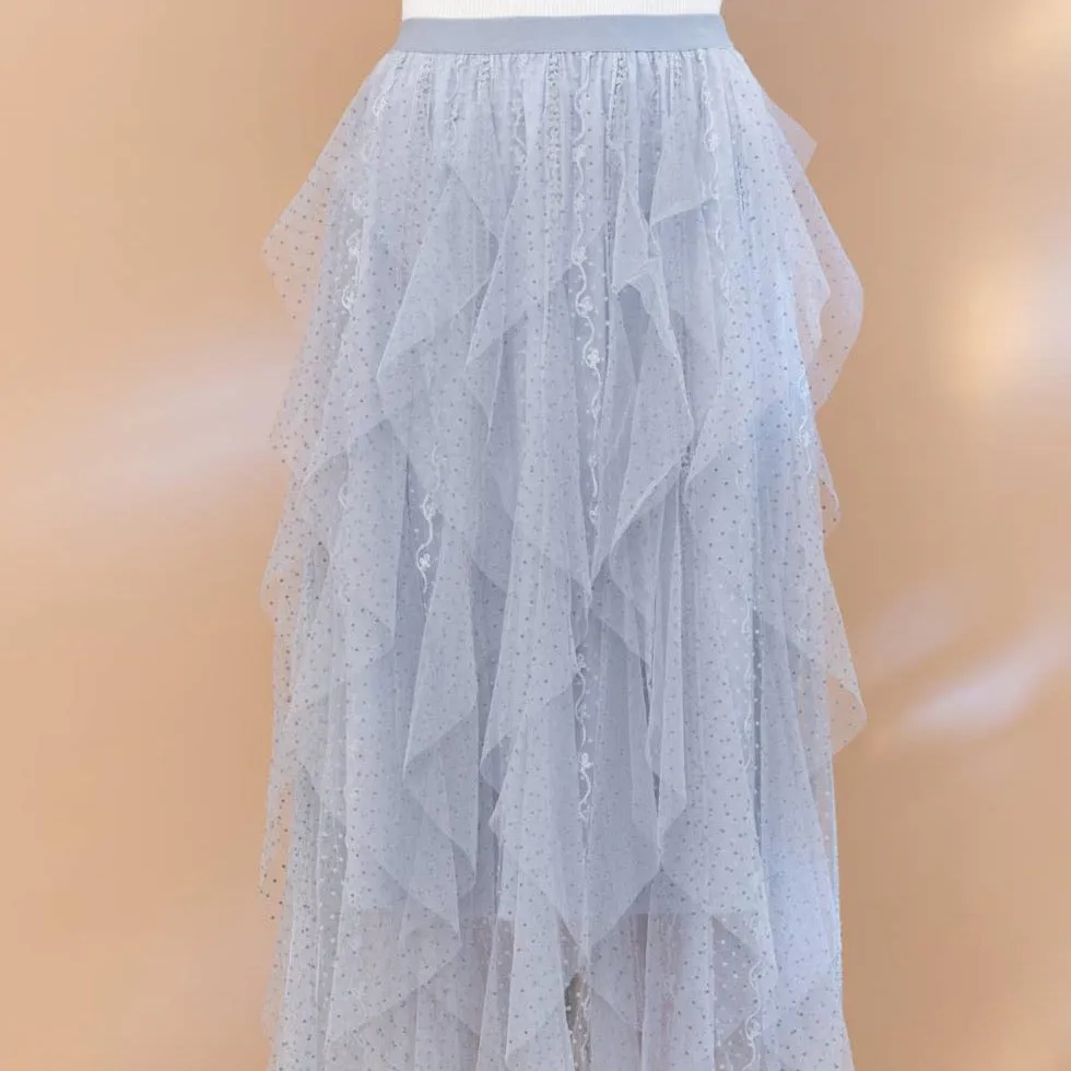 Swiss Dot Tulle Mesh Ruffle Maxi Skirt