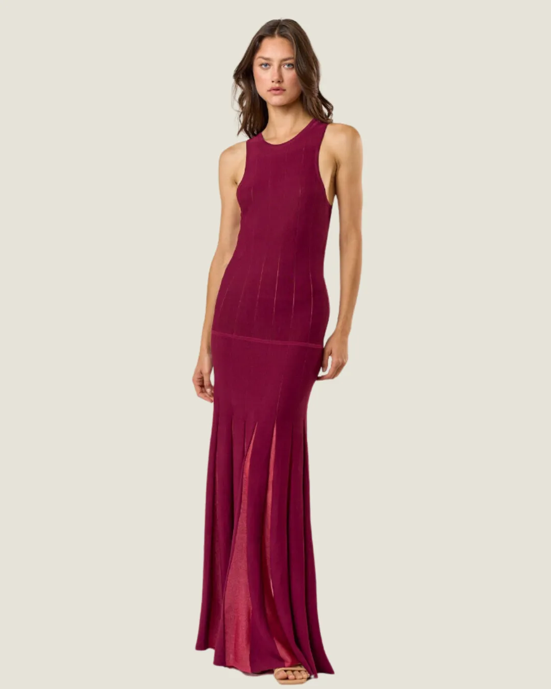 The Taylor: Wine Sleeveless Sheer Bottom Maxi Dress