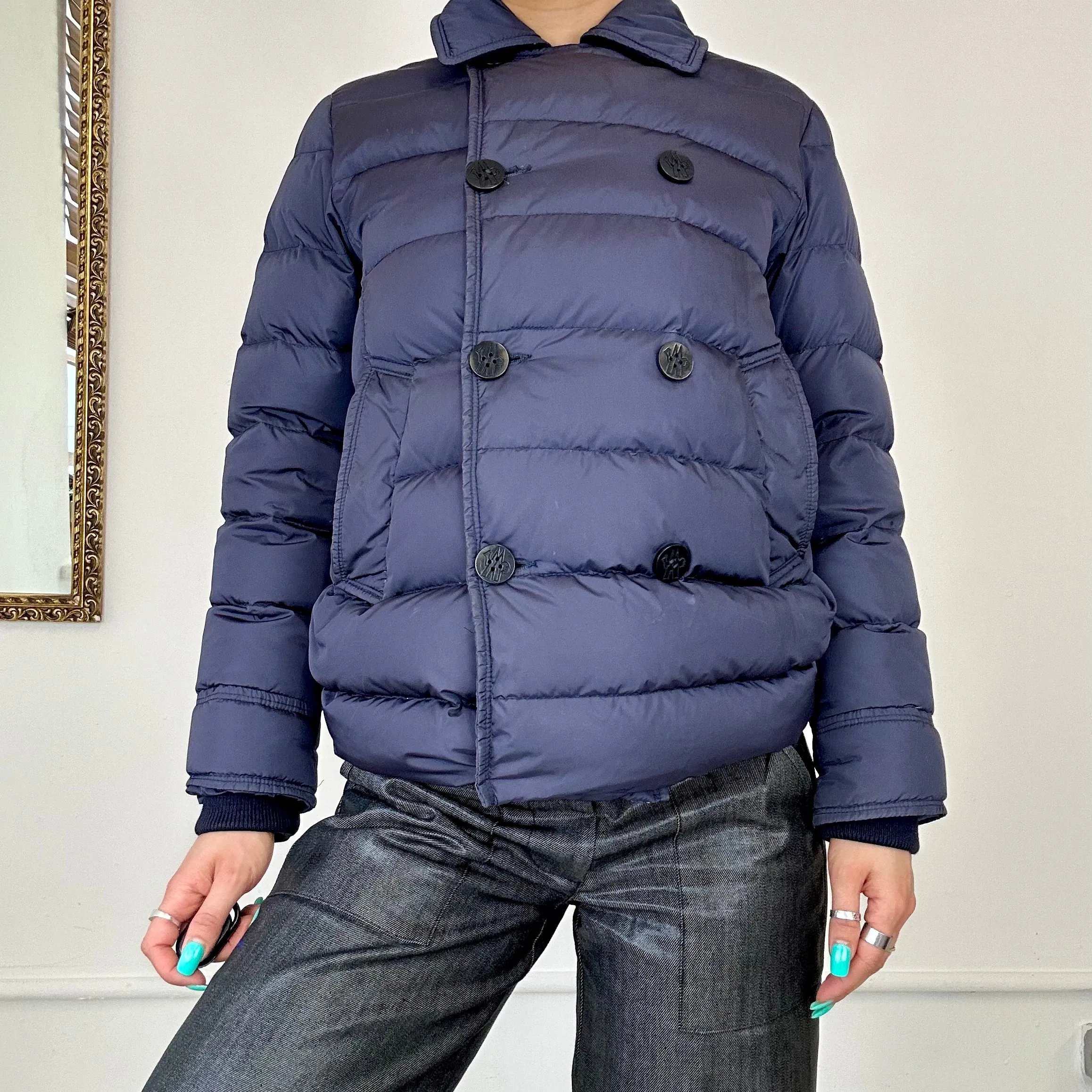 vintage moncler asymmetric button up puffer coat