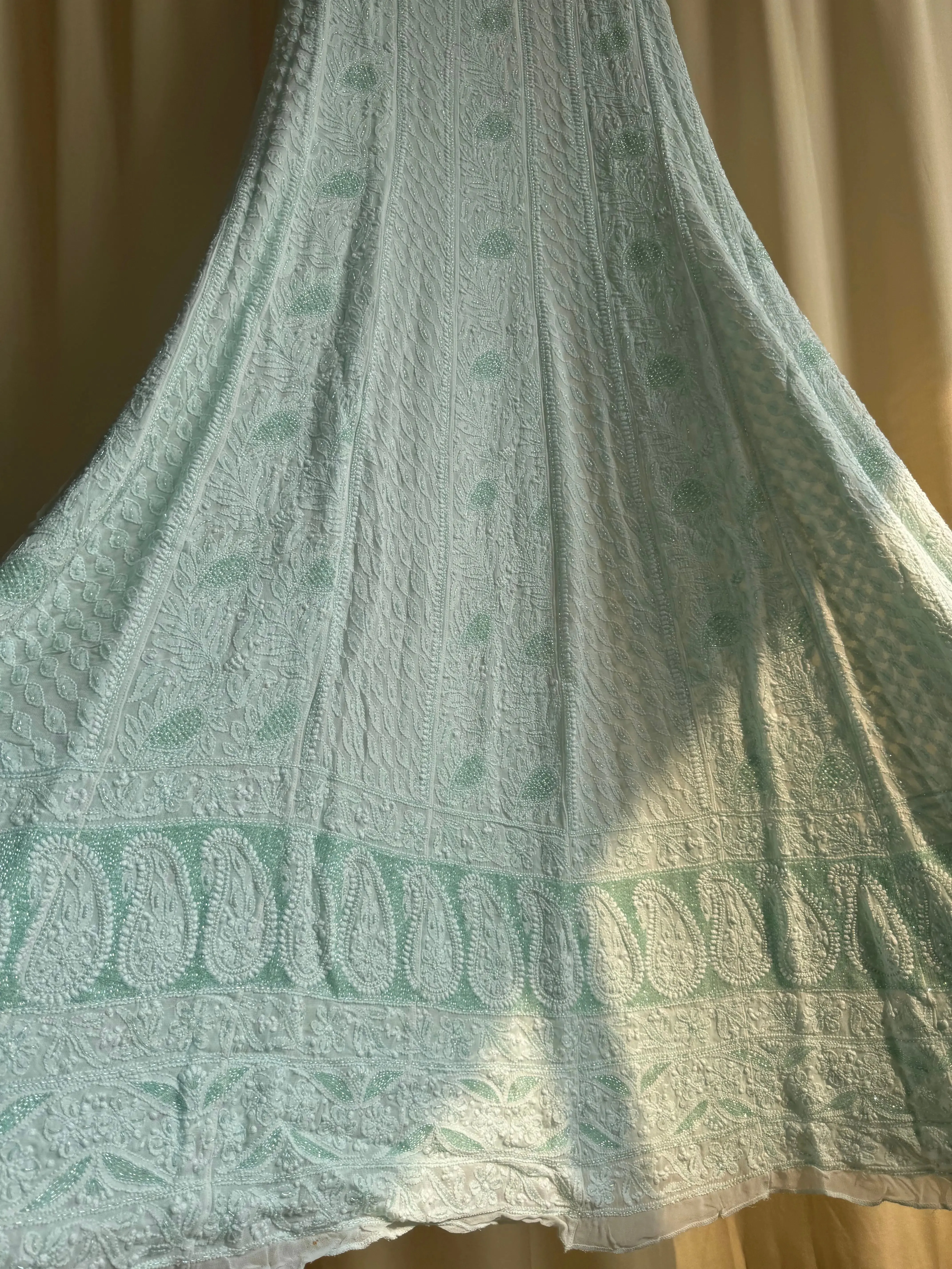 Viscose Anarkali - Semi Stitched - Pearl Work - Cyan Green