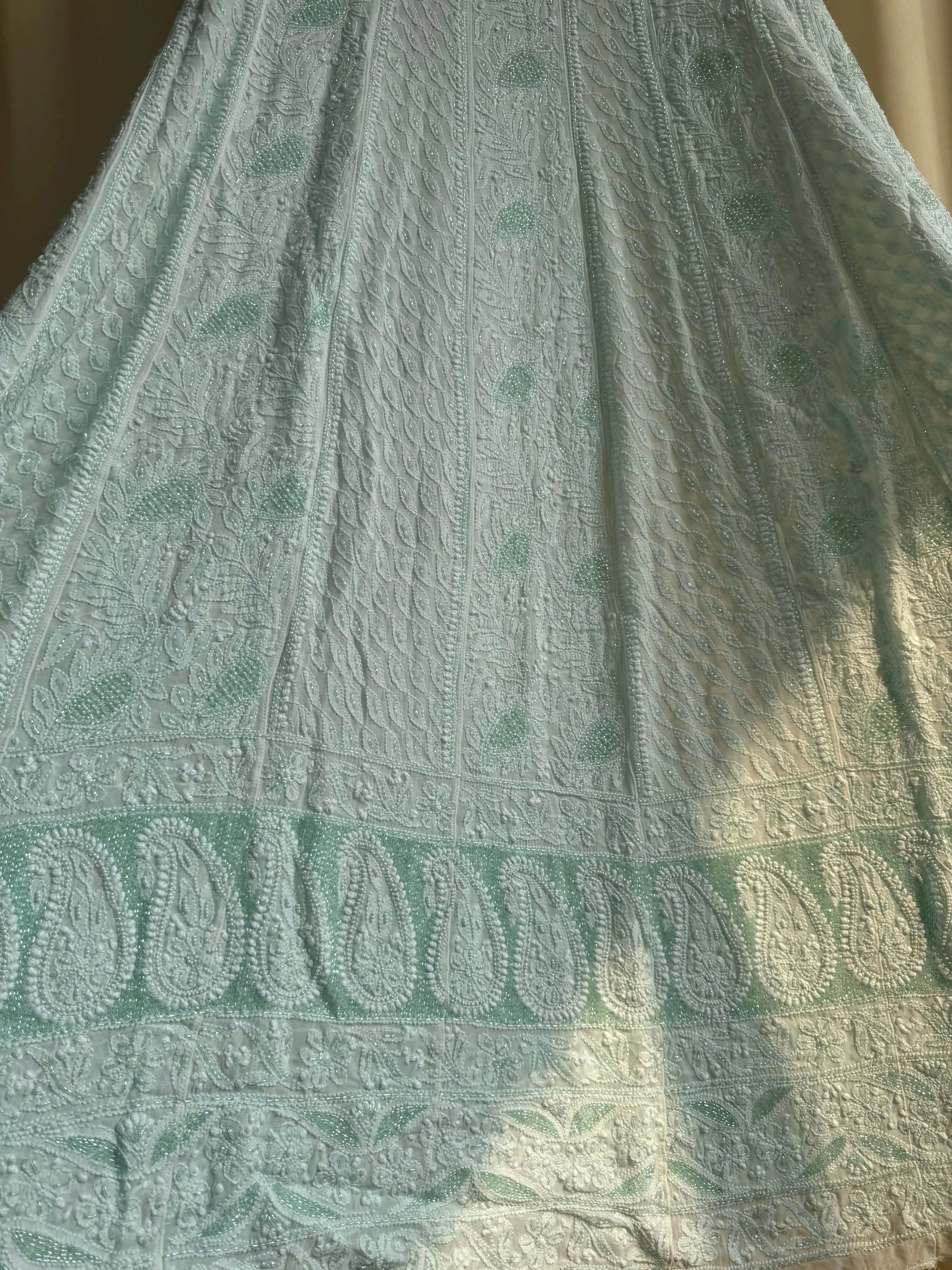 Viscose Anarkali - Semi Stitched - Pearl Work - Cyan Green