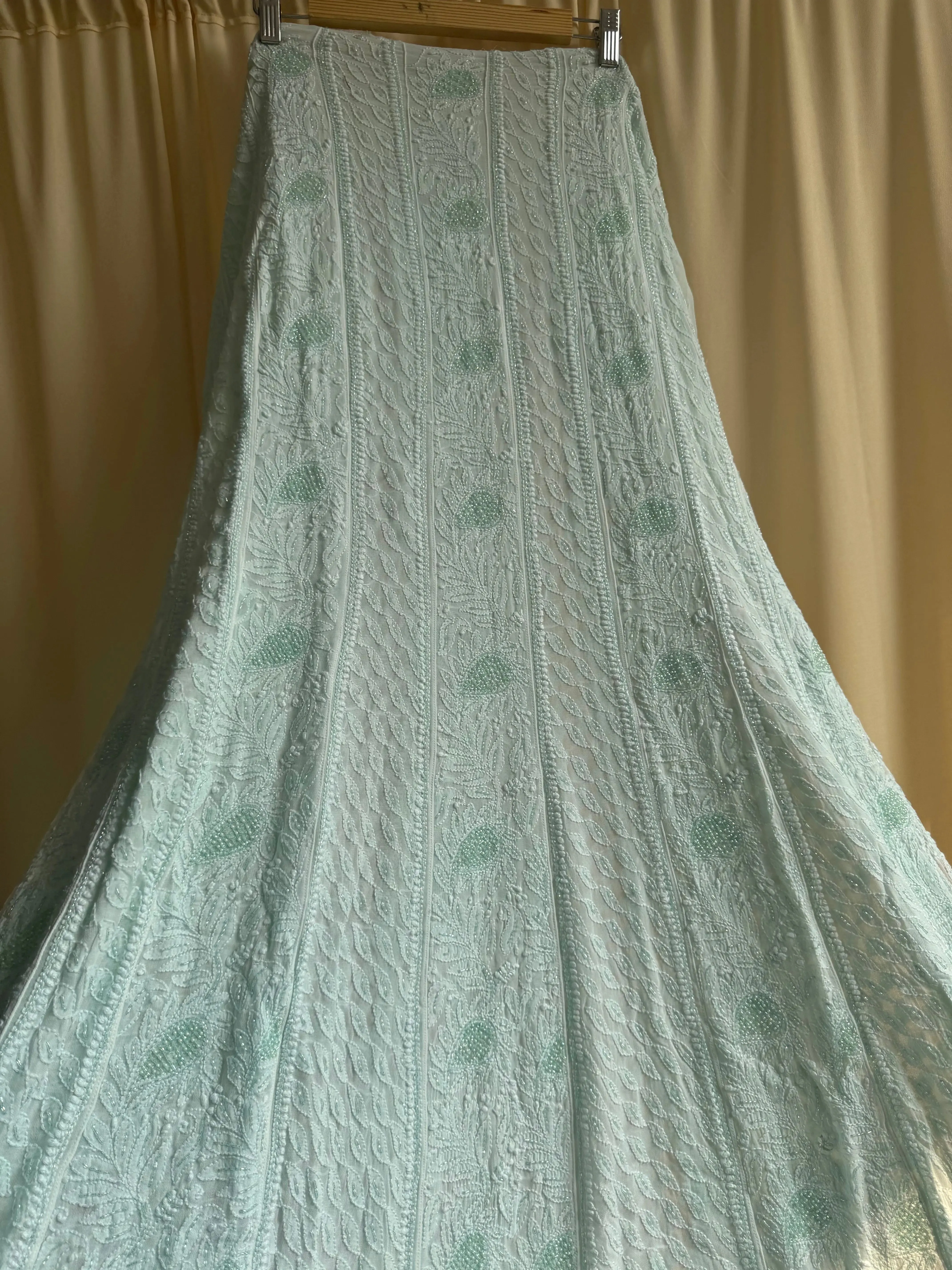 Viscose Anarkali - Semi Stitched - Pearl Work - Cyan Green