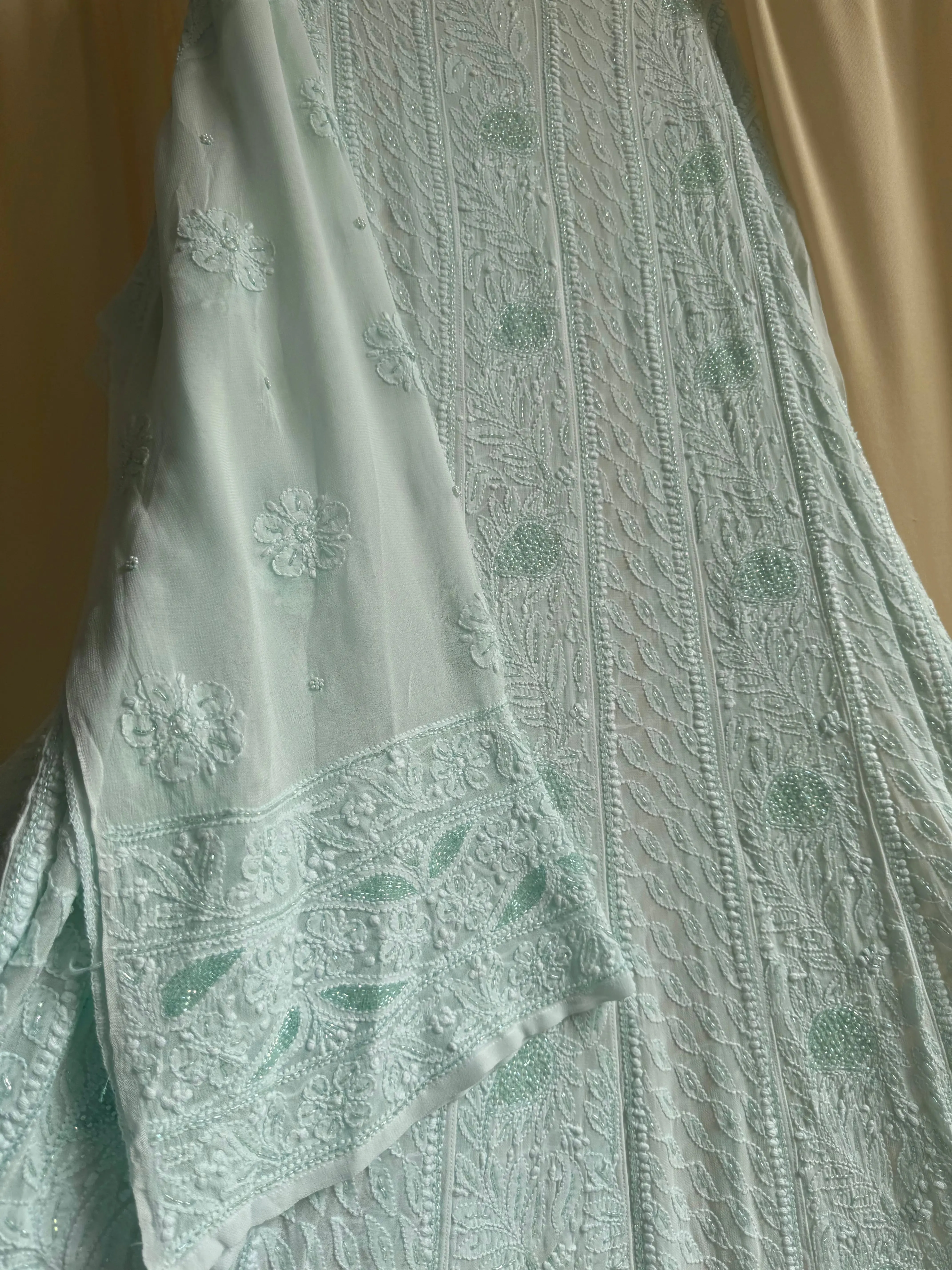 Viscose Anarkali - Semi Stitched - Pearl Work - Cyan Green