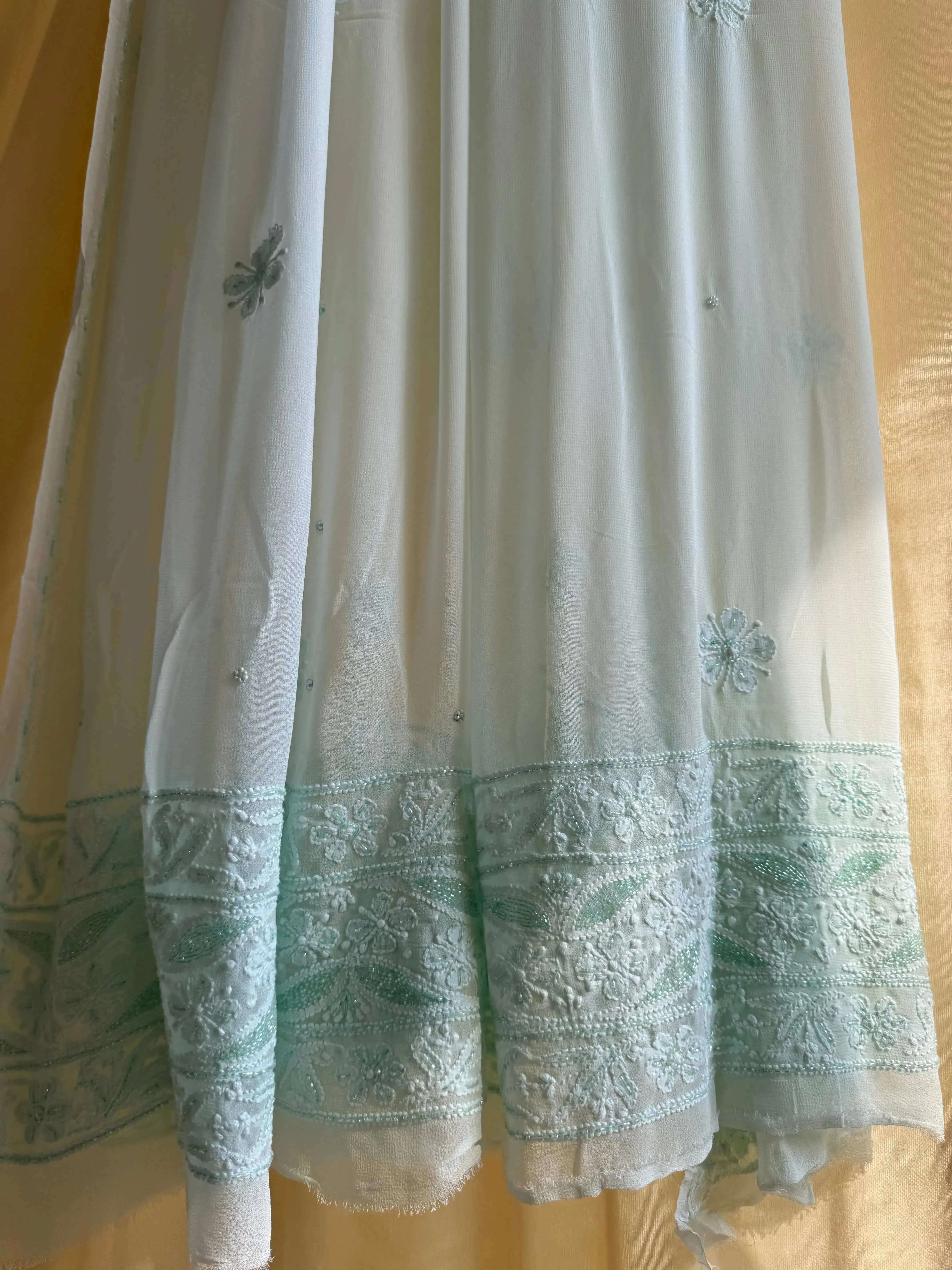 Viscose Anarkali - Semi Stitched - Pearl Work - Cyan Green