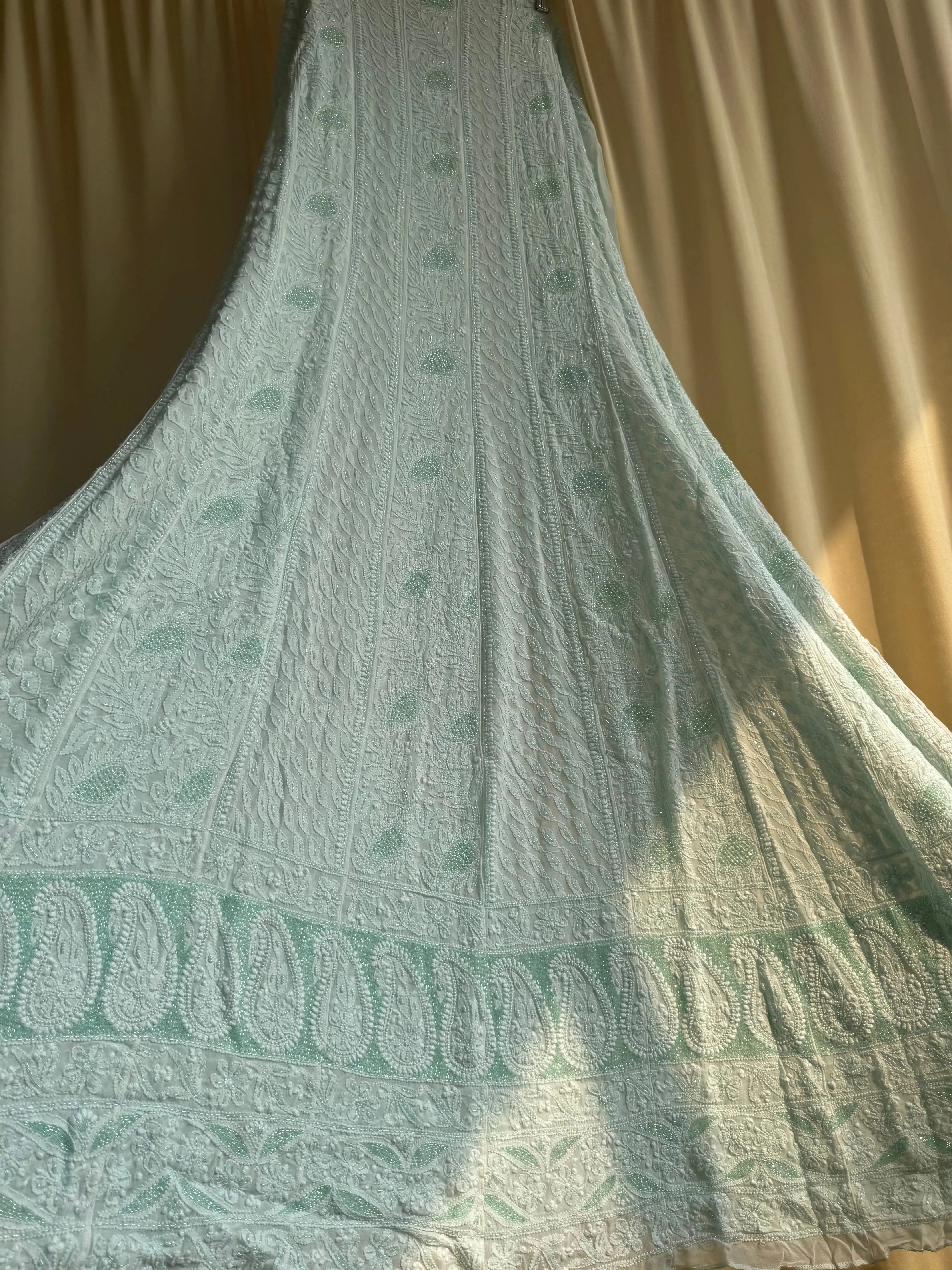 Viscose Anarkali - Semi Stitched - Pearl Work - Cyan Green