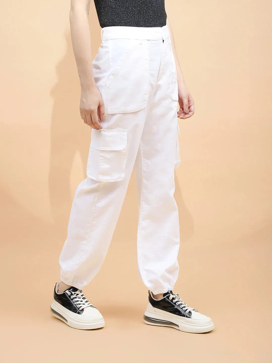 White Cotton Straight Relaxed Fit Jogger For Women