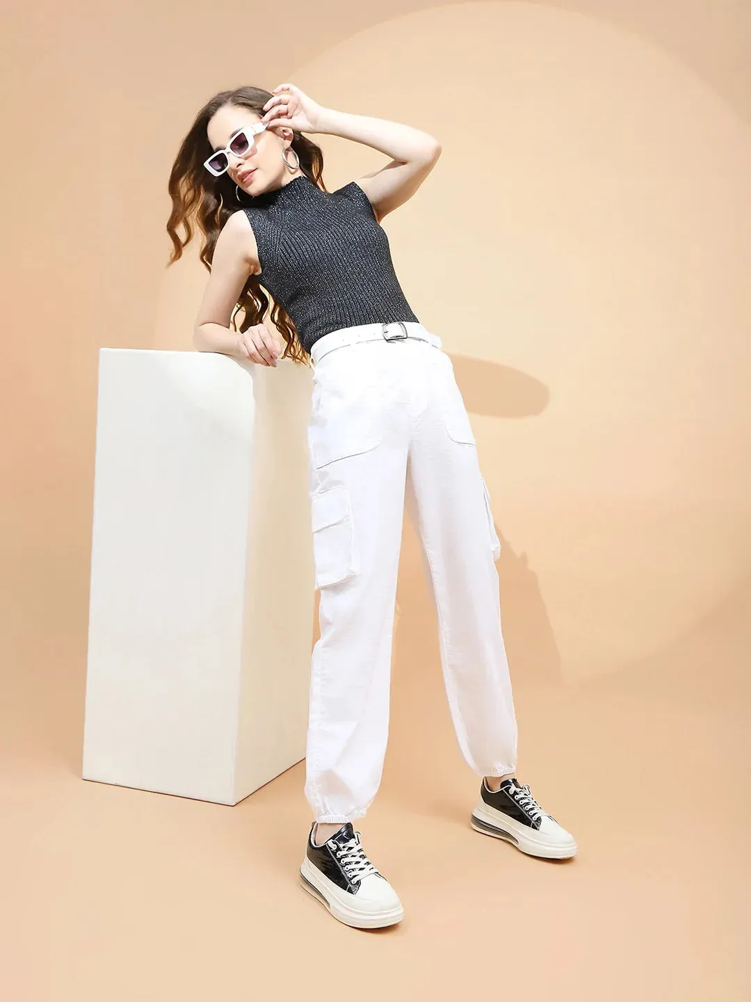 White Cotton Straight Relaxed Fit Jogger For Women