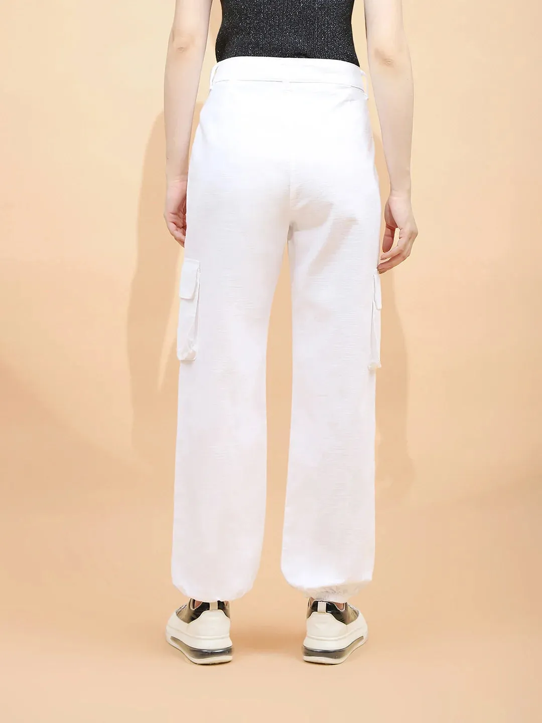 White Cotton Straight Relaxed Fit Jogger For Women