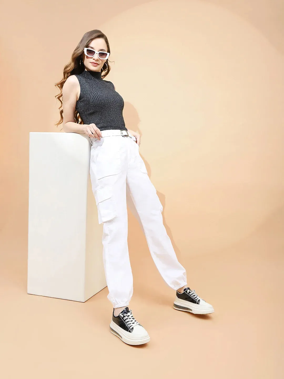 White Cotton Straight Relaxed Fit Jogger For Women