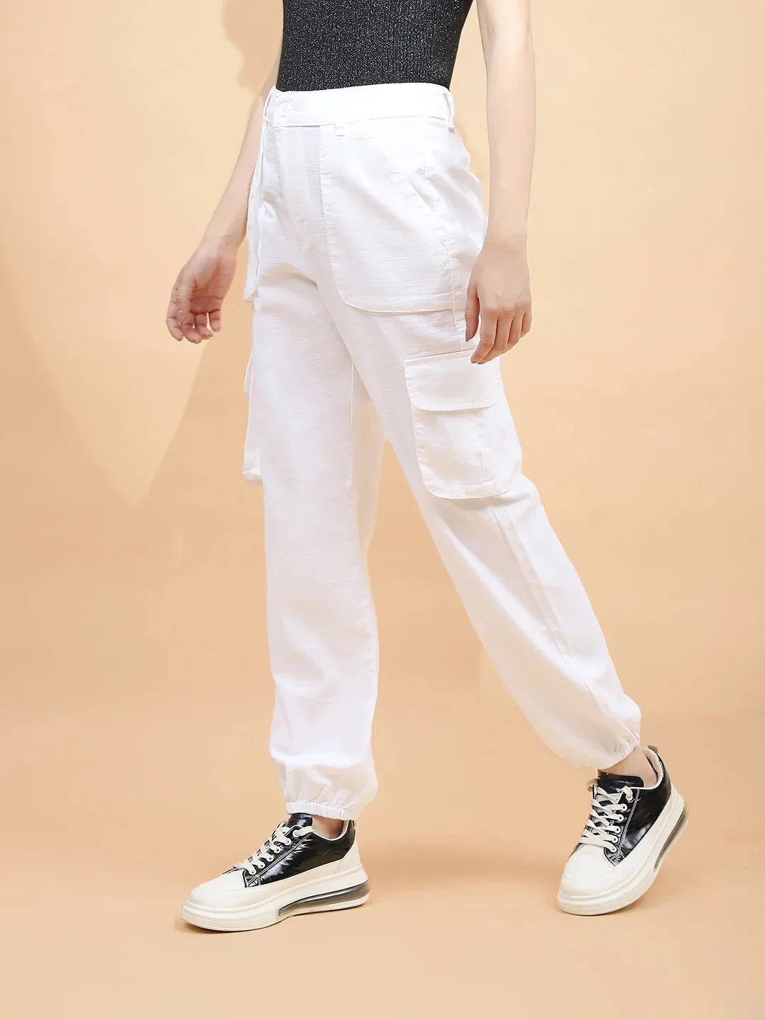 White Cotton Straight Relaxed Fit Jogger For Women